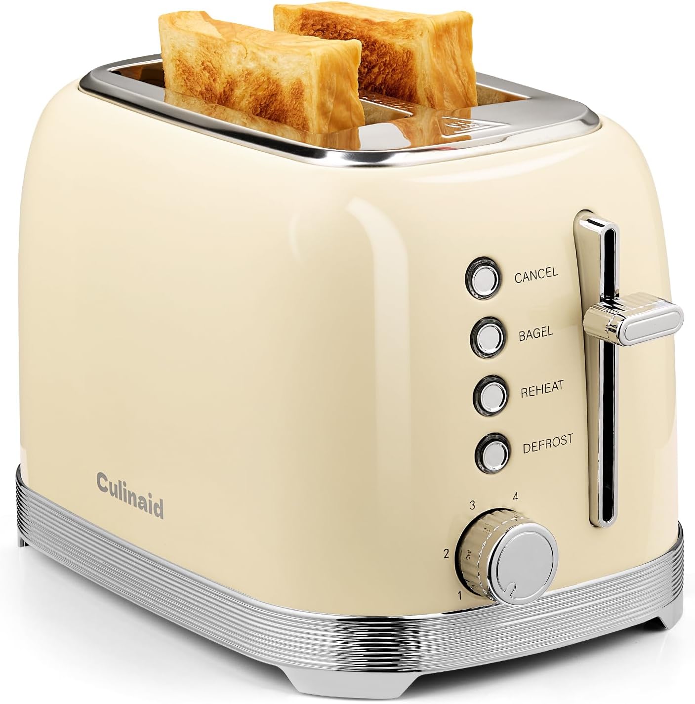 Toaster 2 Slice Retro Stainless Steel with 1.5” Extra Wide Slots Bagel, Defrost, Reheat, Cancel Functions, 6 Bread Shade Settings, Removable Crumb Tray, Cream White