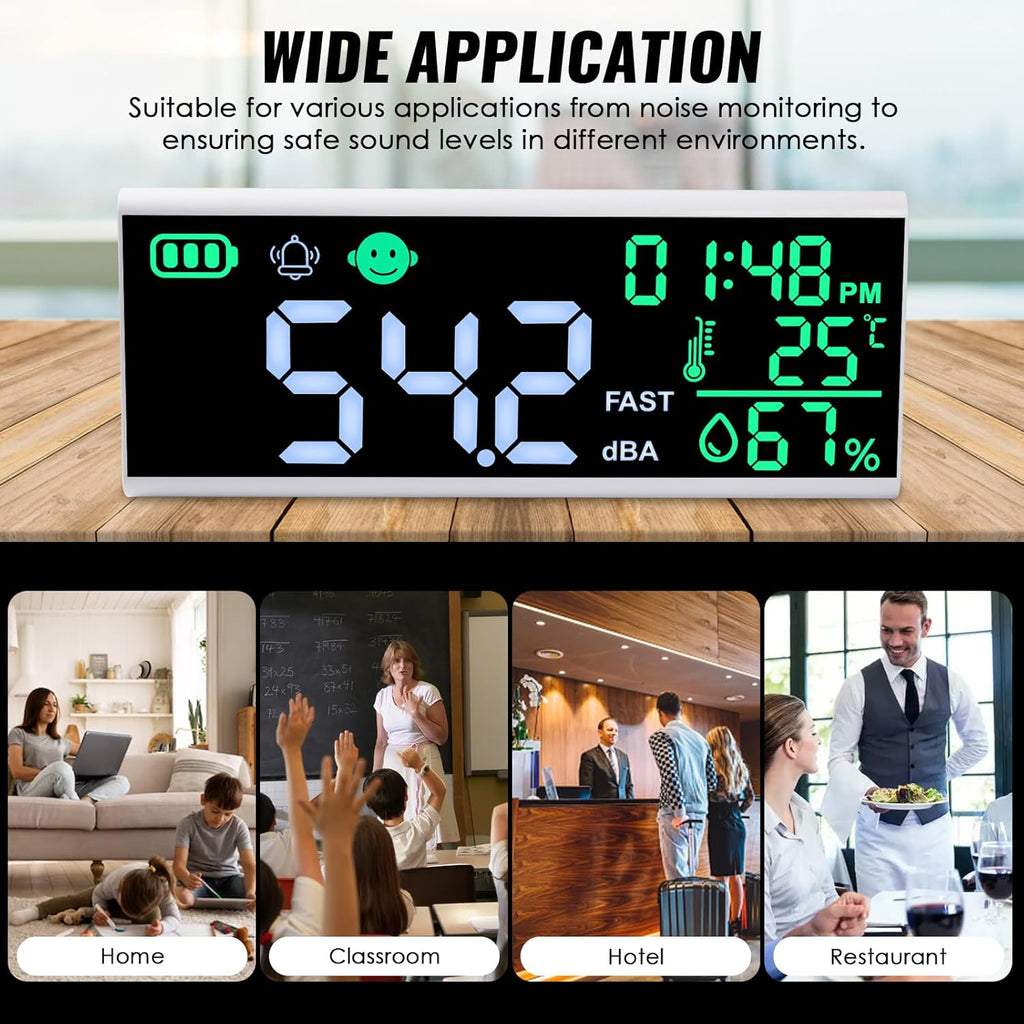 Decibel Meter 13 inches 30~130dB Sound Level Meter, Large LCD Display Wall Hanging Sound Gauge, Noise Level Detector, Decibel Monitoring Device, Time, Temperature, Humidity for Studio Classroom Home