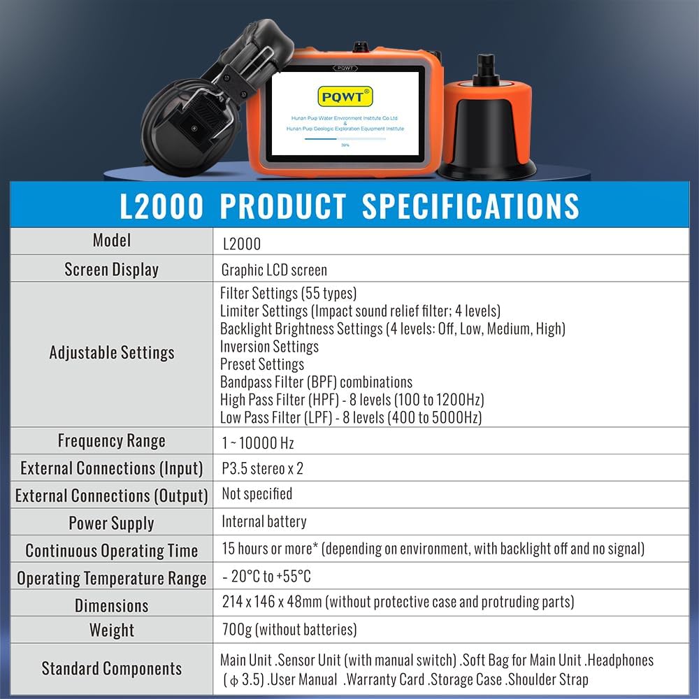 PQWT L2000 Underground Water Leak Detectors for Outdoor Wall Water Pipe Detector Machine Middle Sensor Acoustic Pipeline Leakage Detection Kit Noise Reduction Headphone Smart Touchscreen Carry Case
