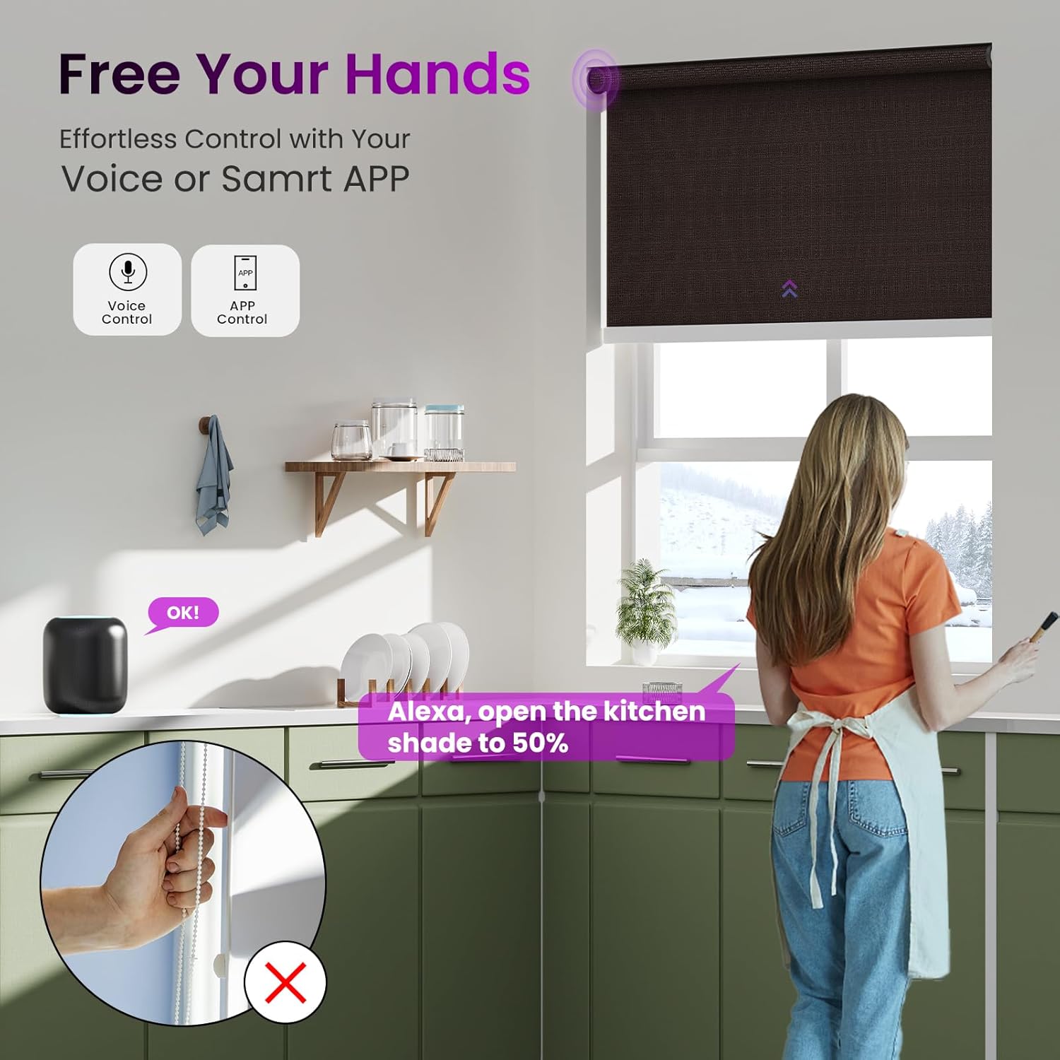 Astomi Motorized Roller Shades for Windows, Blackout Automatic Blinds with Remote, Smart Blinds, Voice Control, Compatible with Alexa, Google, Custom Size (Woven Brown)