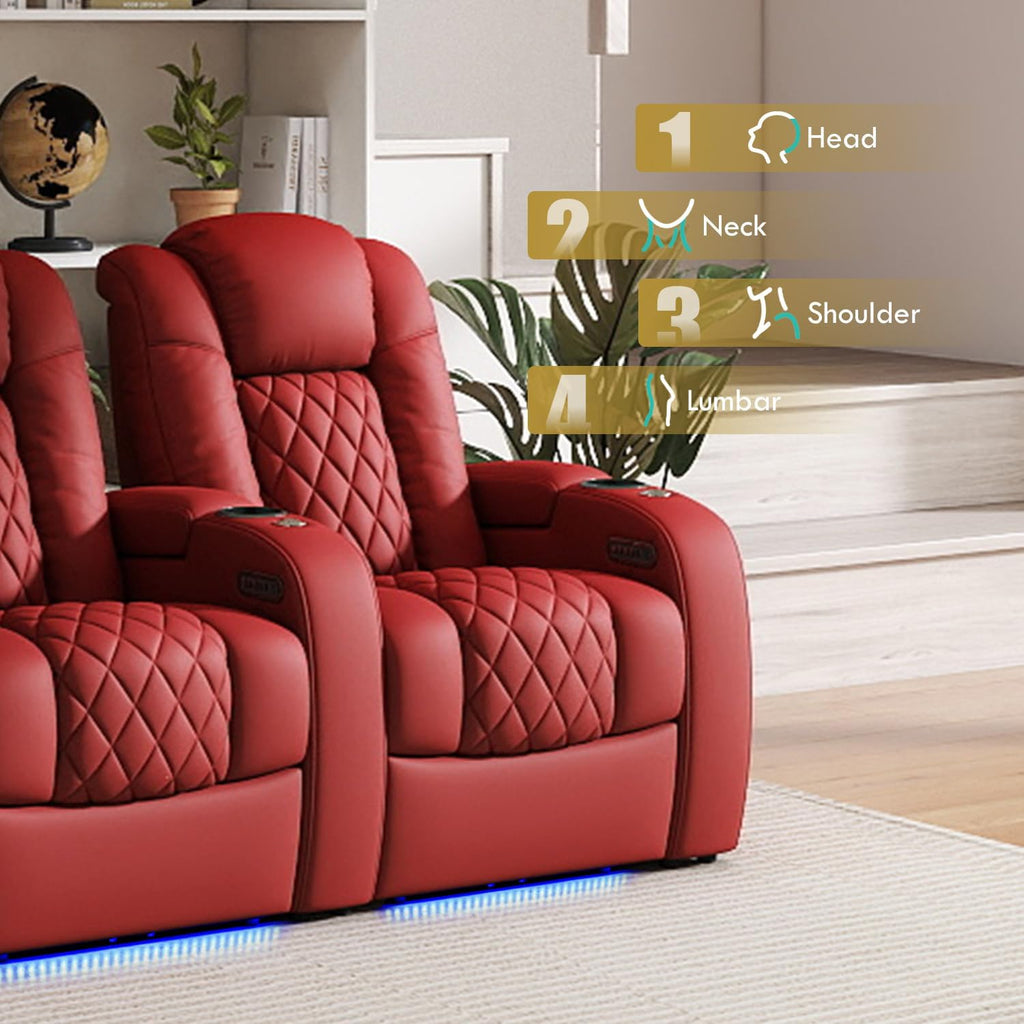Weilianda Home Theater Seating Top Grain Leather Zero Gravity Recliner Chair Power Headrest Recline Movie Seat Gaming 7 Colors Mood Light Sofa with Tray Table USB Charge Row of 4 Loveseat Left Red