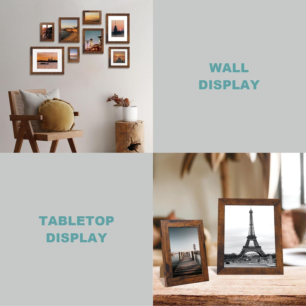 iRahmen 10x10 Picture Frame Set of 4 with Real Glass, Rustic Frames Display 8x8 Picture with Mat or 10 x 10 Without Mat, Wooden Square Photo Frame for Wall Mount and Tabletop Display