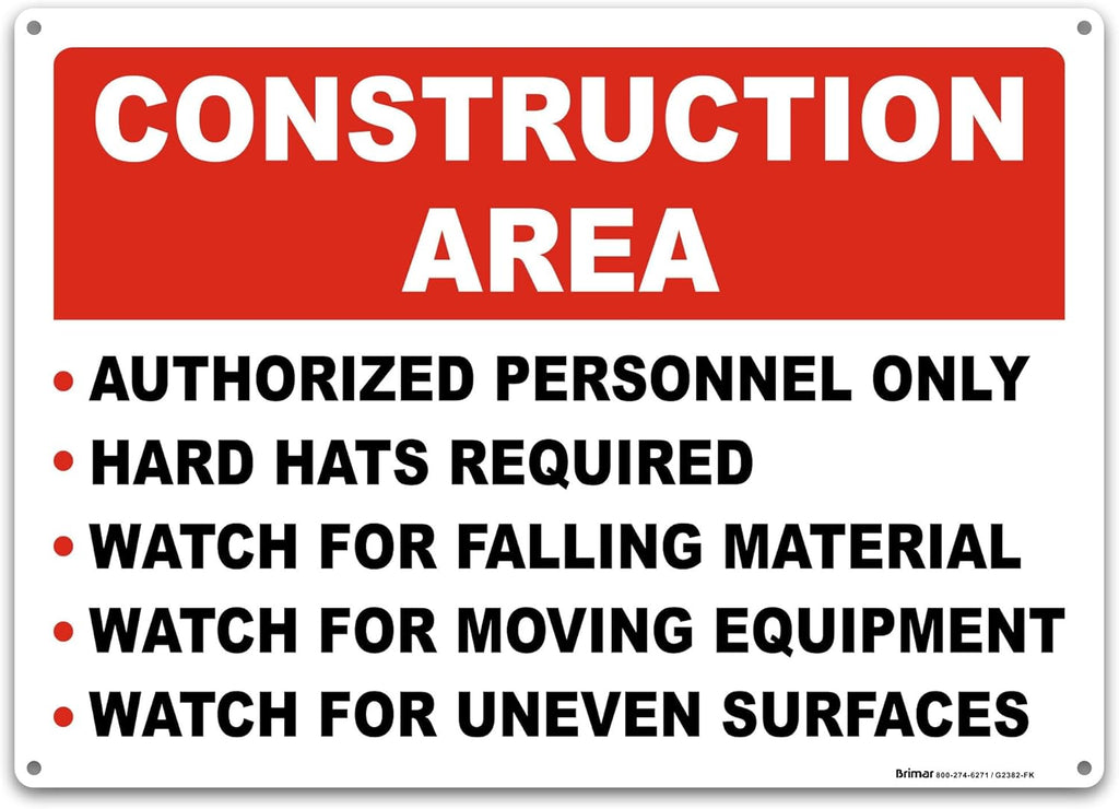 Brimar 14"x10" Construction Area Rules Sign - Aluminum, Weatherproof, Clear Rules and Guidelines, Essential Safety Signage for Construction Sites.