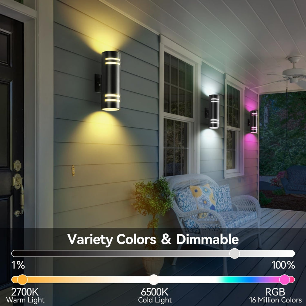 Smart Outdoor Wall Lights 2 Pack, Cylinder Black Exterior Lighting Fixtures Dusk to Dawn Outdoor Lighting, Aluminum Color Changing Porch Lights, Ambiance Sconce Control with App and Voice