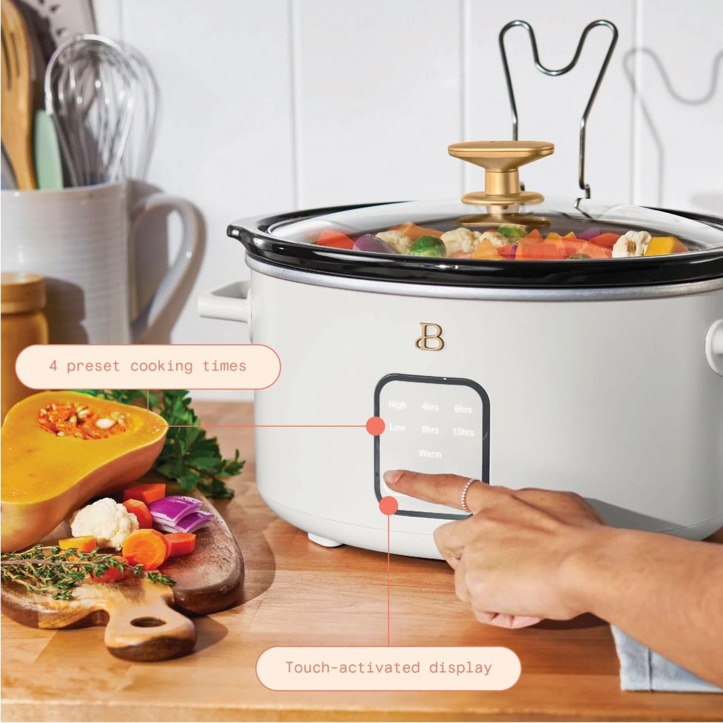 Beautiful 4-Qt Digital Slow Cooker with Smart Touch Screen, Removable Pot, Timer Presets, Ideal for Small Families