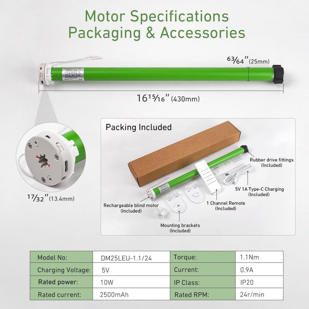 5V USB-C Tubular Motor Blinds Kit Retrofit Motorized Roller Blind with Remote Control, Rechargeable Smart Blinds for Windows
