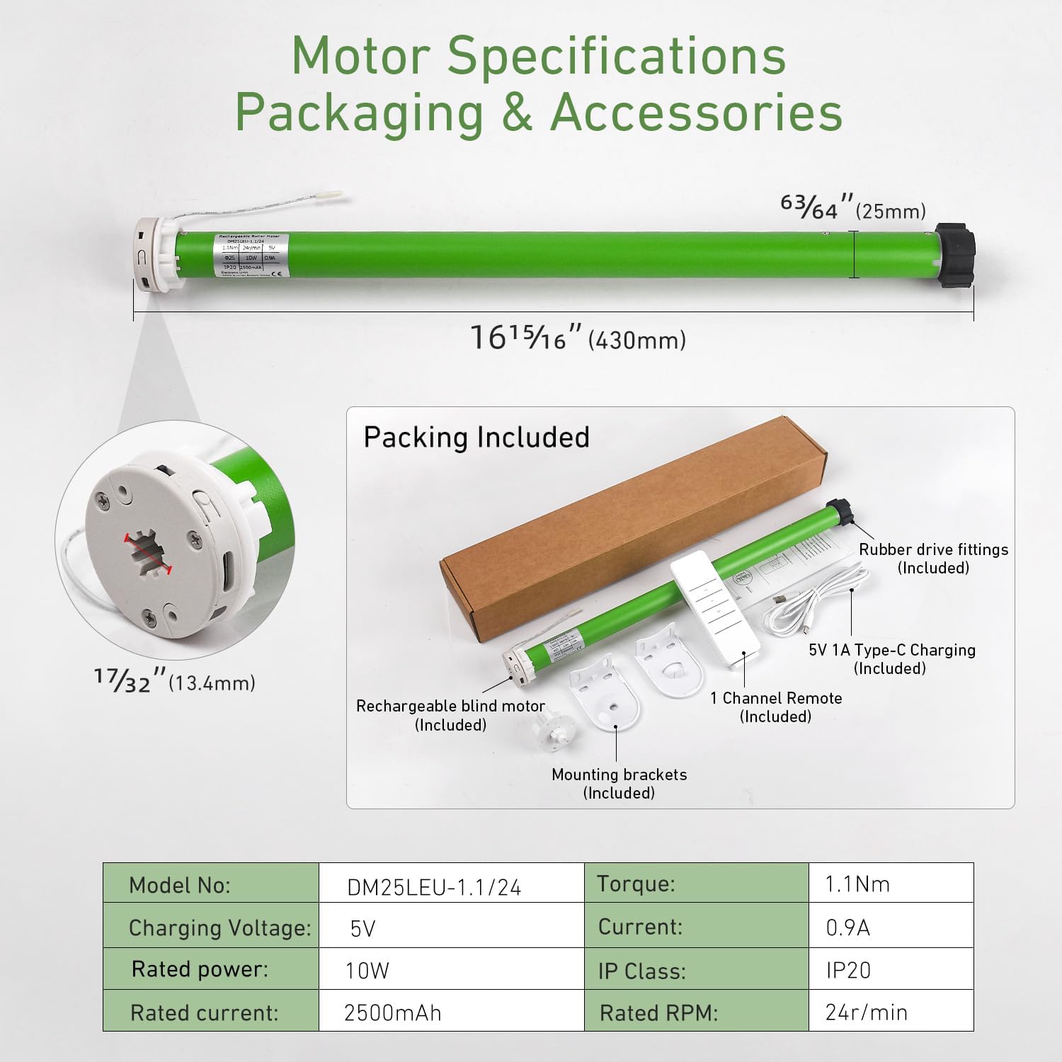 5V USB-C Tubular Motor Blinds Kit Retrofit Motorized Roller Blind with Remote Control, Rechargeable Smart Blinds for Windows