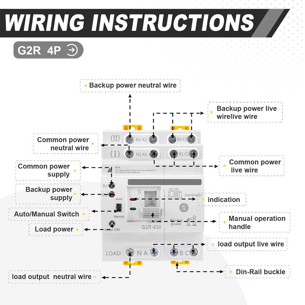 63Amp 110V AC Mini ATS Automatic/Manual Transfer Switch, 4Pole G2R Solar Auto Dual Power Changeover Switch for Home Generator, Din Rail Mounted 50/60Hz CE Certified for Rv, Lv, Cn Public/Backup Power
