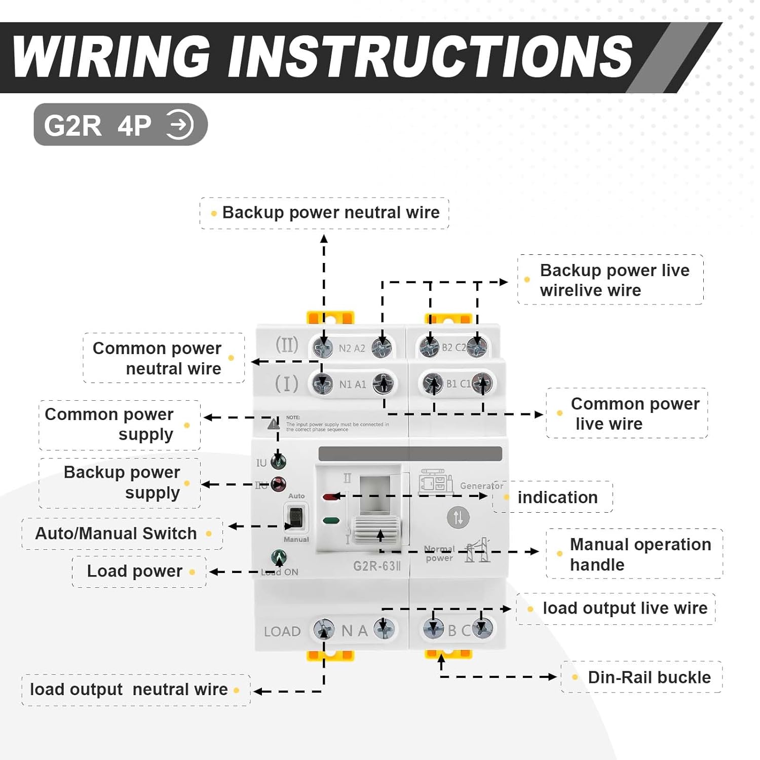 63Amp 110V AC Mini ATS Automatic/Manual Transfer Switch, 4Pole G2R Solar Auto Dual Power Changeover Switch for Home Generator, Din Rail Mounted 50/60Hz CE Certified for Rv, Lv, Cn Public/Backup Power