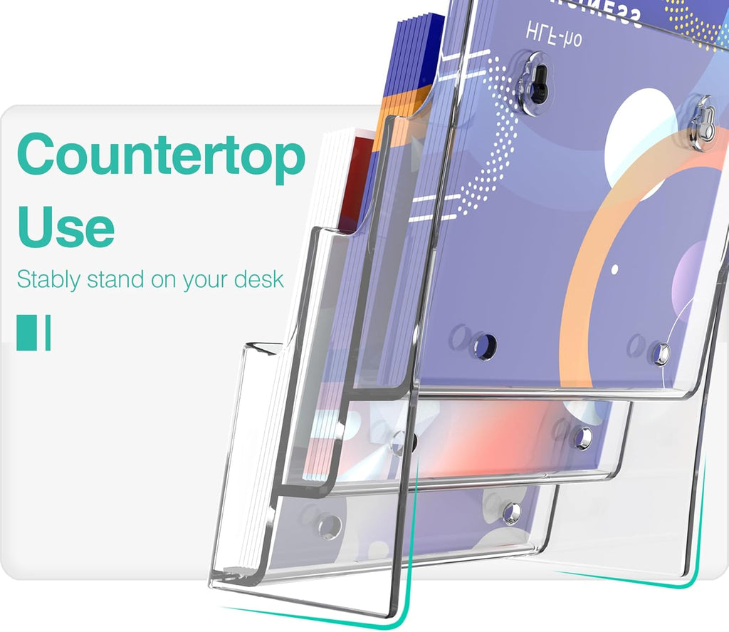 Brochure Holder 6x9 Inch 3 Tier Acrylic Literature Holders Clear Plastic Flyer Display Stand Countertop Use or Wall Mount Pamphlet Holder Organizer for Office, Lobby, Hotel, Trade Show, 2 Pack
