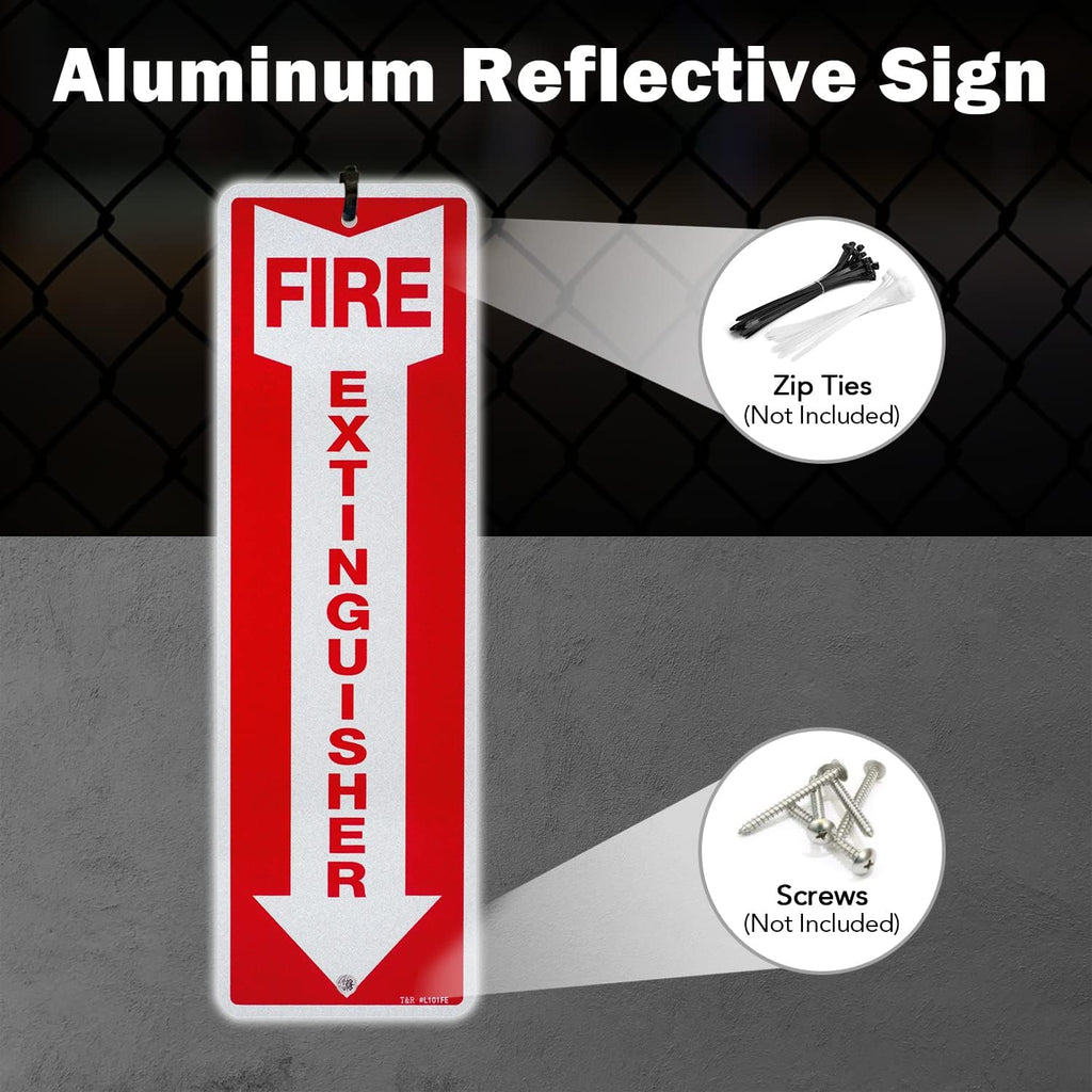 T&R Metal Fire Extinguisher Sign - 4 Pack - 12"x4" .040 Rust Free Heavy Aluminum, Reflective, Waterproof, Weatherproof and Fade Resistant, 2 pre-drilled holes, Easy to Install Indoors and Outdoors