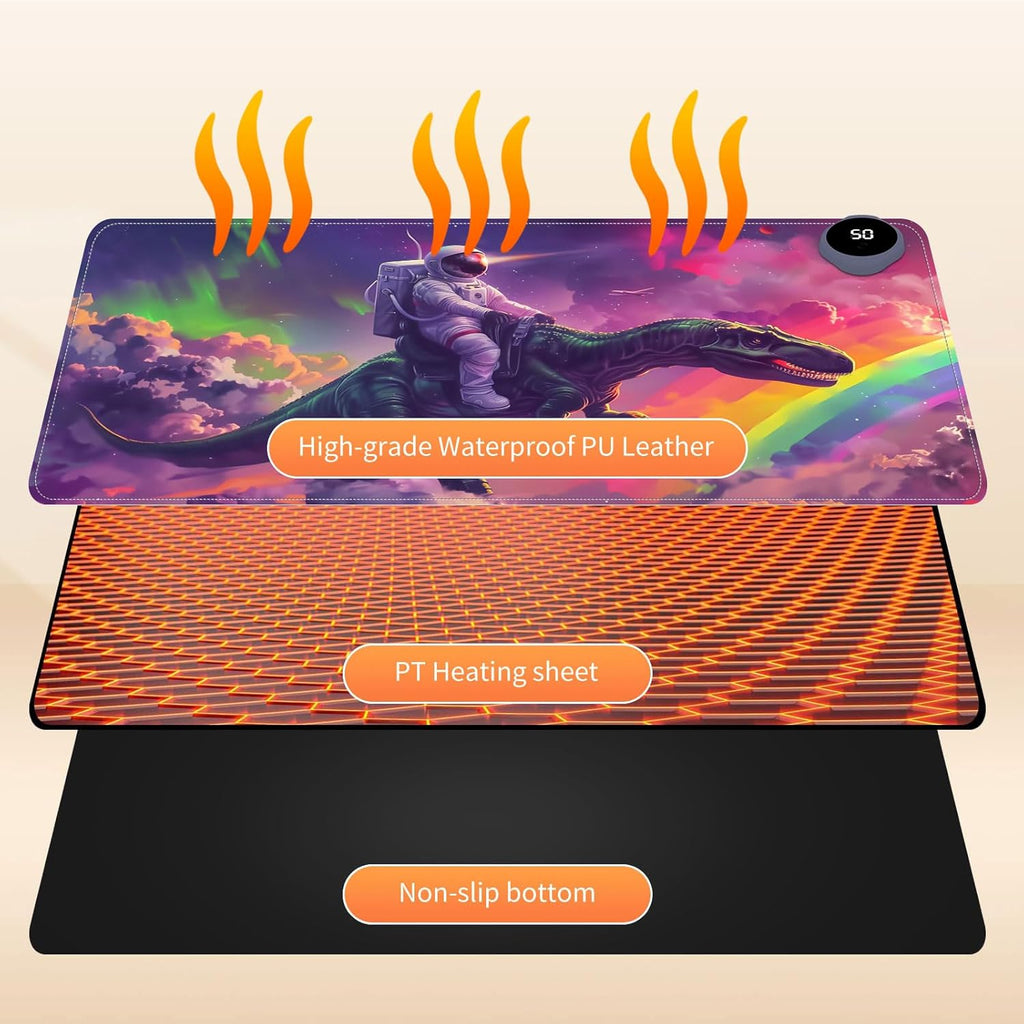 Heated Mouse Pad for Desk 31.5" x 13" – PU Leather Warm Desk Pad with 3 Heat Levels (104°F/113°F/122°F), Plug-in Electric Heating Mat with Auto Shut-Off, Waterproof & Rollable, Astronaut on Dinosaur