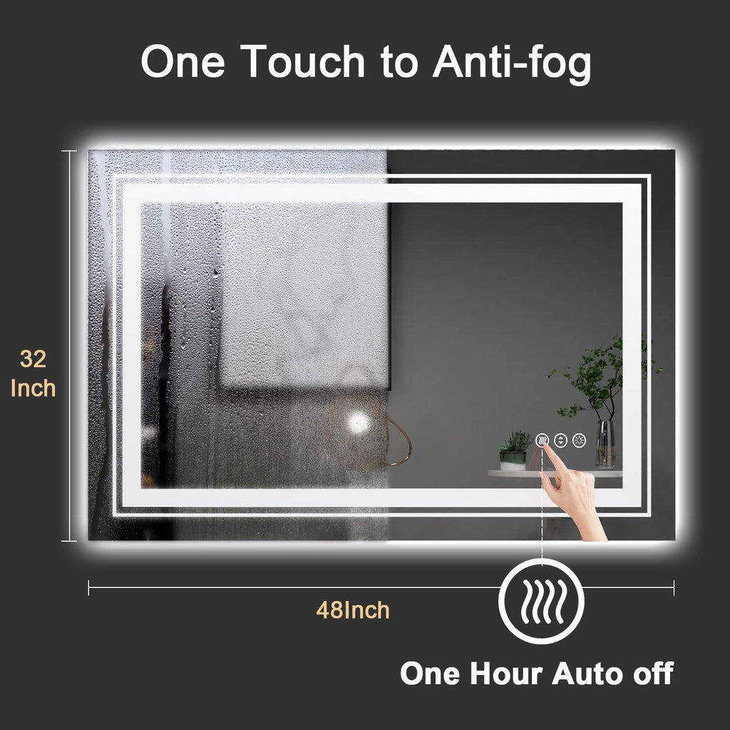 LED Bathroom Mirror, 48"X32" with Front and Backlit, Anti-Fog, Large Bathroom Vanity Mirror for Wall, Memory Function, Stepless Dimmable, Tempered Glass (Horizontal/Vertical)