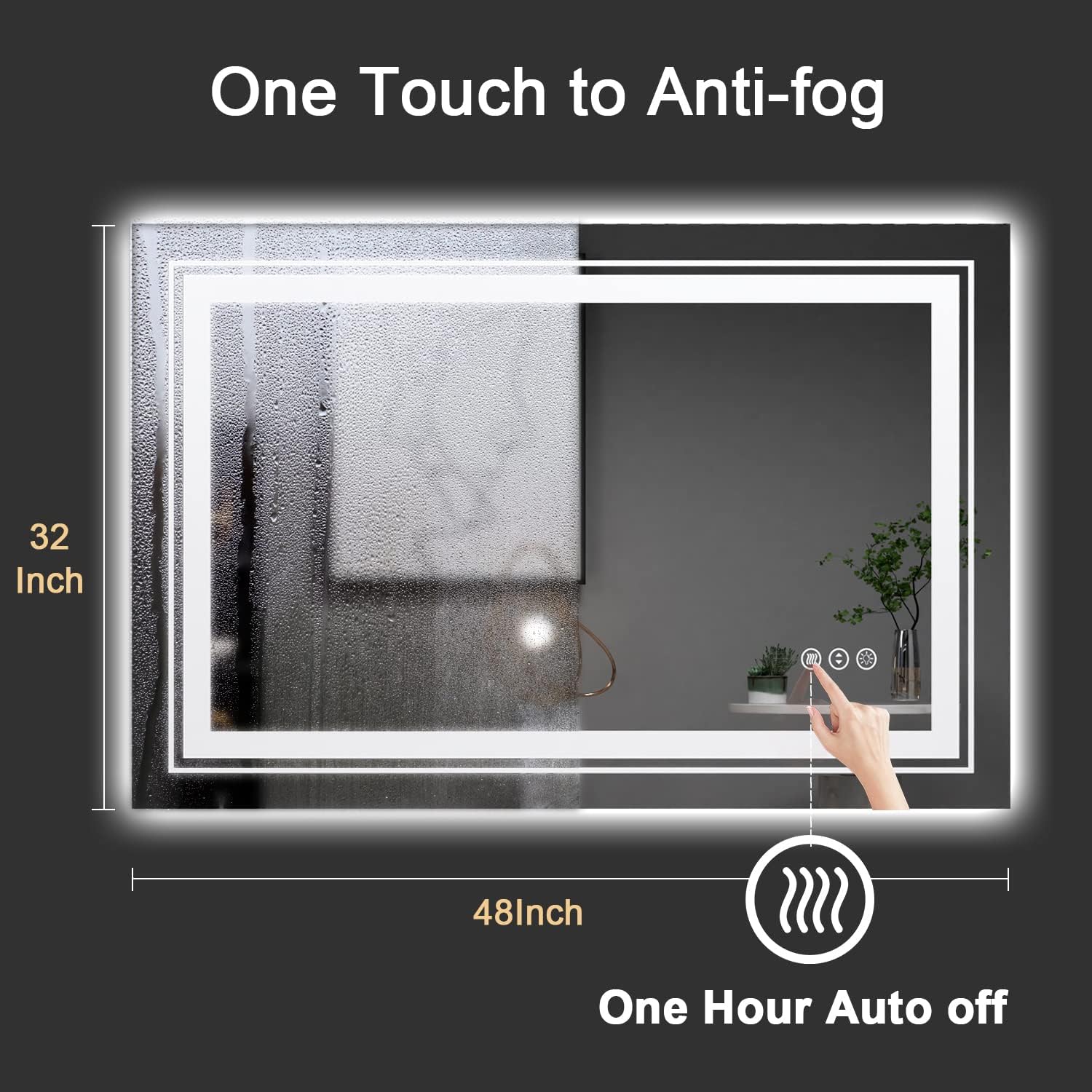 LED Bathroom Mirror, 48"X32" with Front and Backlit, Anti-Fog, Large Bathroom Vanity Mirror for Wall, Memory Function, Stepless Dimmable, Tempered Glass (Horizontal/Vertical)