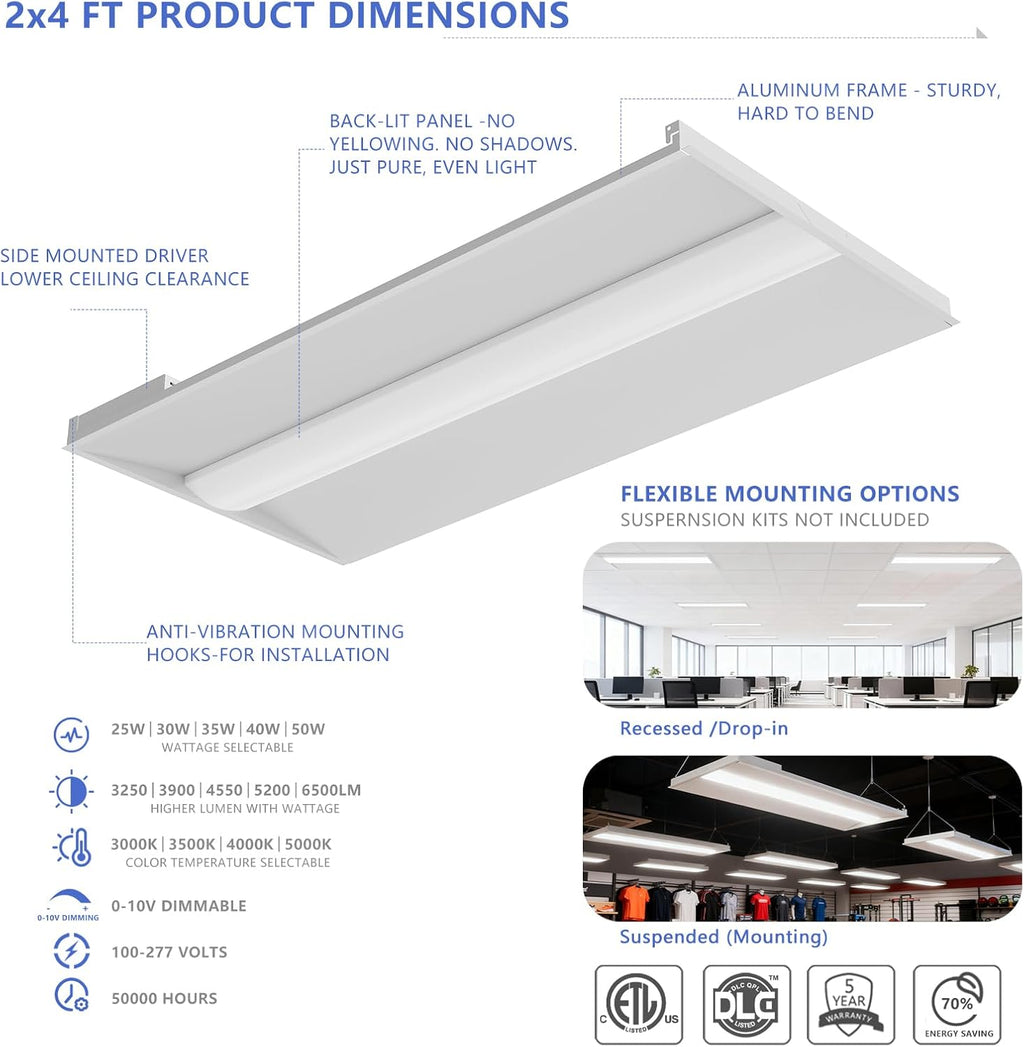 2x4 LED Troffer Light,25W/30W/35W/40W/50W & 3000K/3500K/4000K/5000K Selectable,6500LM 0-10V Dimmable,ETL DLC Listed,100-277V,for Office & Warehouse,2 Pack