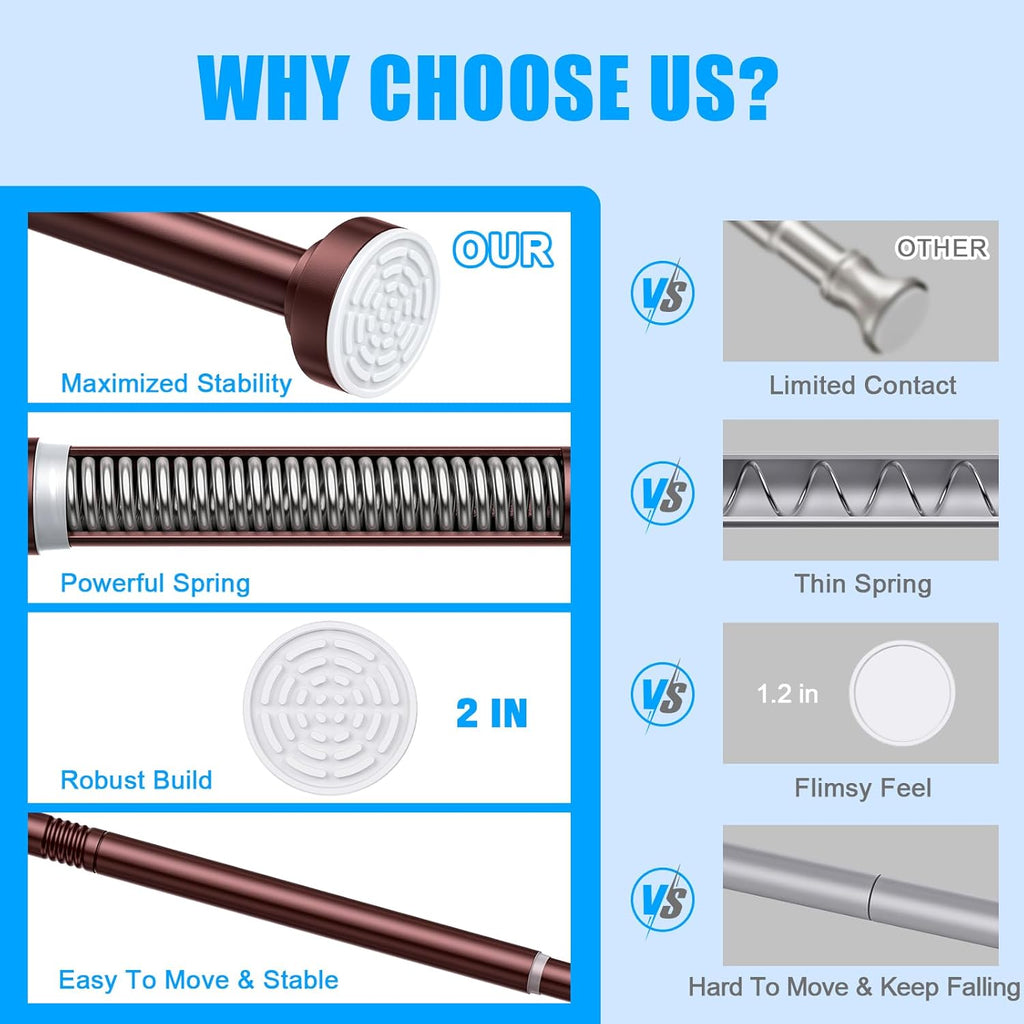 TEECK Shower Curtain Rod, 32-68 inch Adjustable Spring Tension Curtain Rod, Never Rust Anti-Slip Shower Curtain Rod for Bathroom, No Drilling, Never Collapse, Easy to Use, Brown