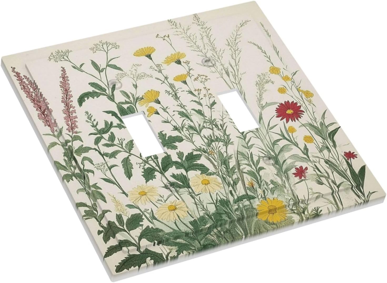 Rustic Wildflower Green Plants Daisy Floral Decorative Switch Plates 2 Gang Double Toggle Outlet Light Switch Cover Wall Plate Electrical Faceplate For Farmhouse Bed Room Decor