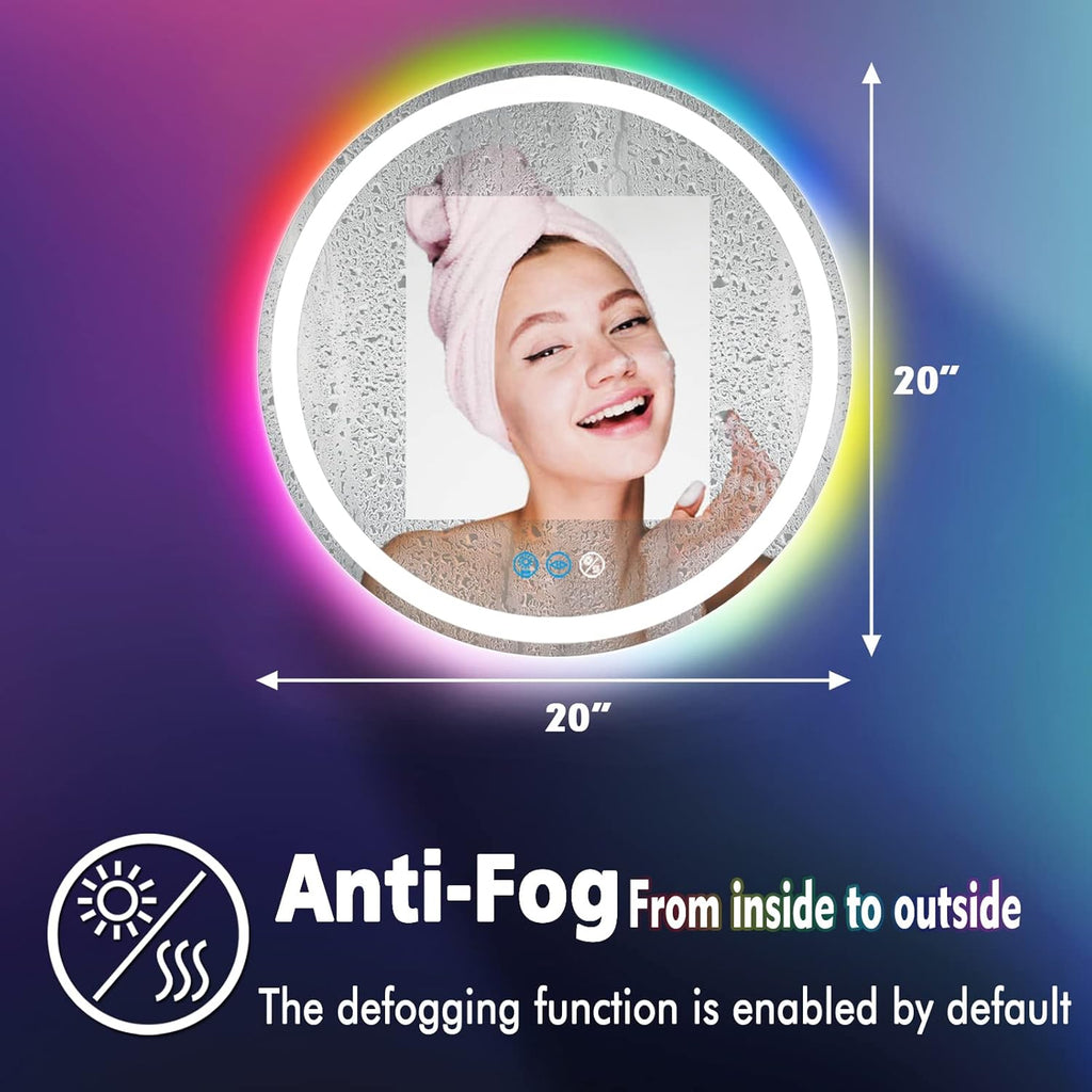 20 inches Round LED Bathroom Mirror, Wall Mounted, Front Lights (3 Colors) & RGB Backlit, Anti-Fog, Smart Light up, Circle Mirror, 20Inch Vanity Mirror, Rainbow