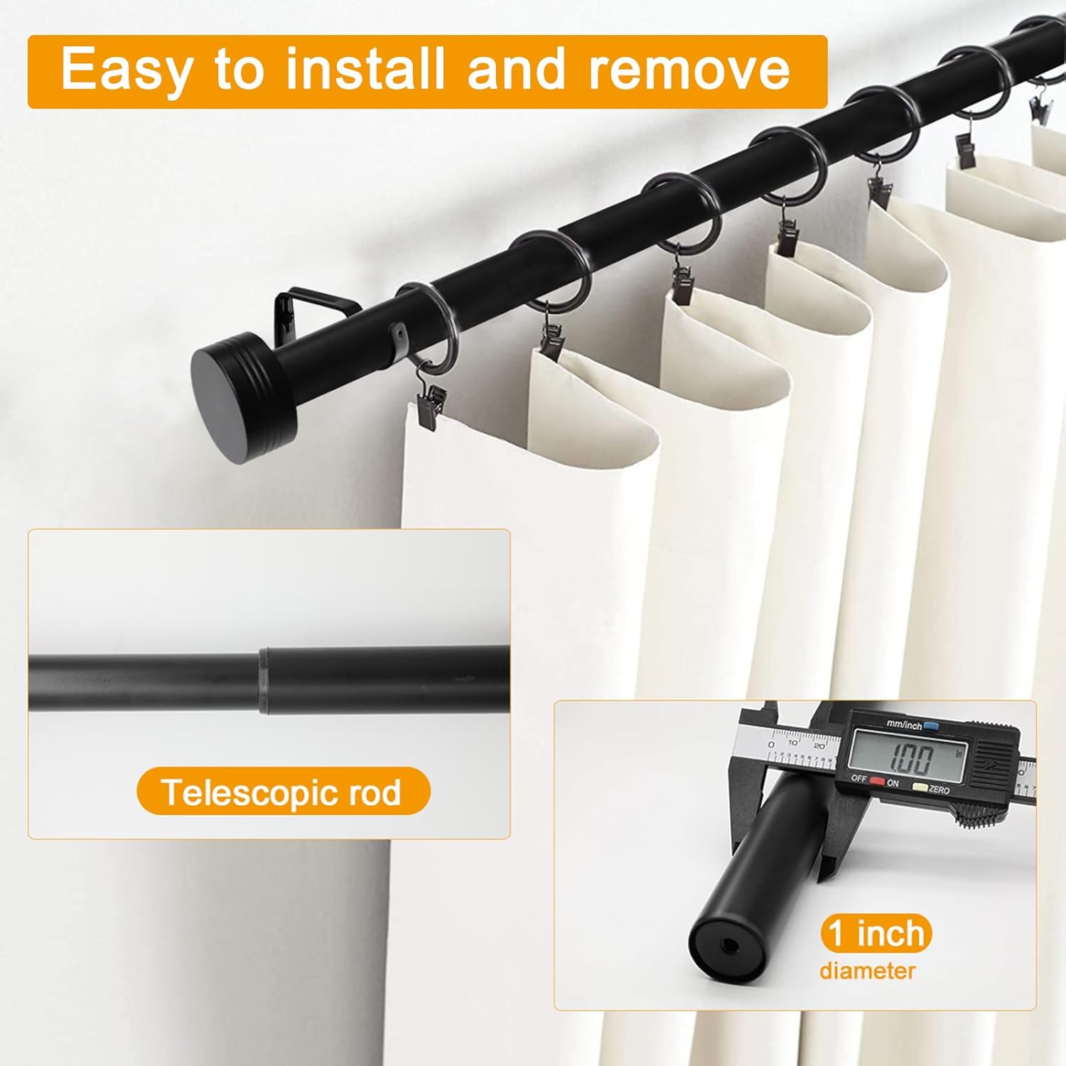 Black Curtain Rod for Windows 18 to 45 Inches, 1 Inch Adjustable Drapery Pole, Heavy Duty Outdoor/Indoor Modern Curtain Rods, Easy Installation(Black 18"-45")