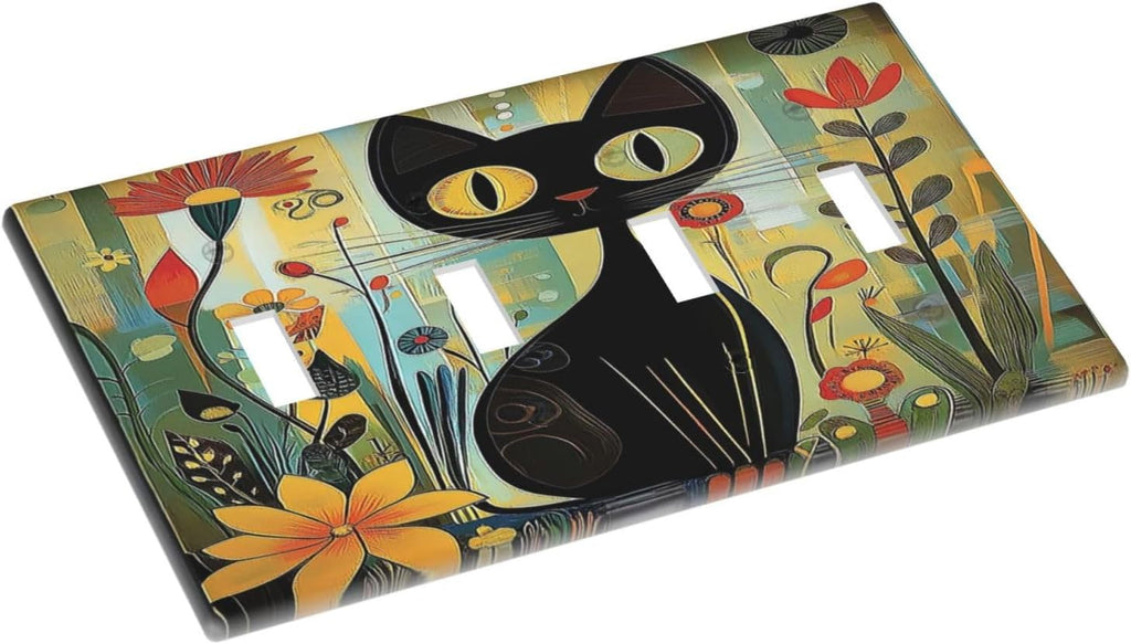 Funny Cat Retro Abstract Flowers Kitten Light Switch Covers Quad Toggle Electrical Faceplate 4 Gang Wall Plate Decorative Switch Plates For Kids Room Bed Room Decor
