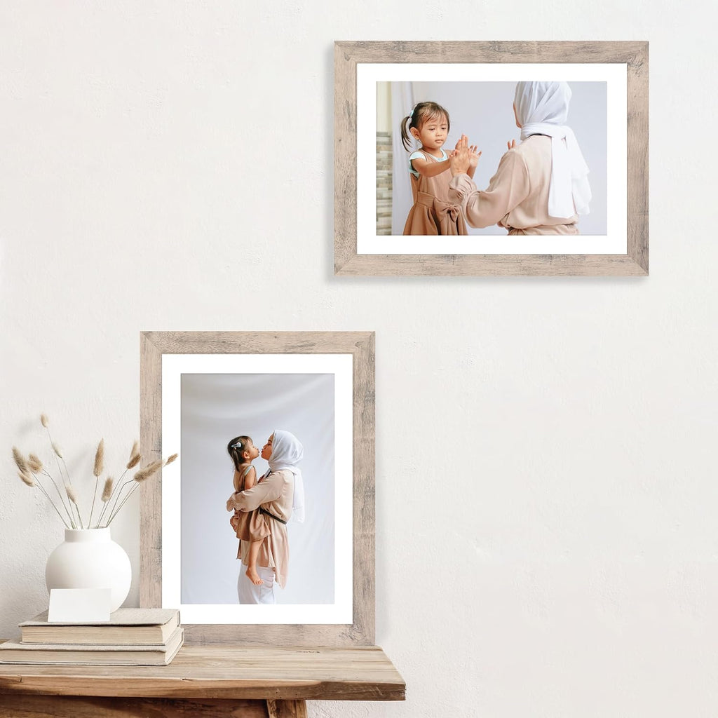 iRahmen 10x14 Picture Frame Set of 4 with Tempered Glass, Smoke Gray Frame Display 8x12 Picture with Mat or 10 x 14 Without Mat, Wood Rustic Photo Frames for Horizontal or Vertical Wall Mounting