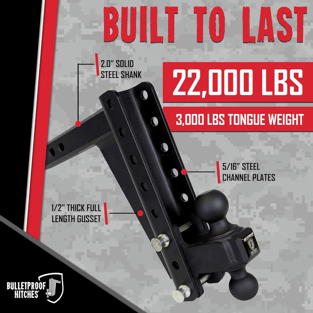 BulletProof Hitches - 2.0" Adjustable Heavy Duty Trailer Hitch (22,000 lb. Rating) - 10" Drop/Rise Trailer Hitch with 2" & 2-5/16" Dual Ball - Powder Coat, Solid Steel, Corrosion-Resistant