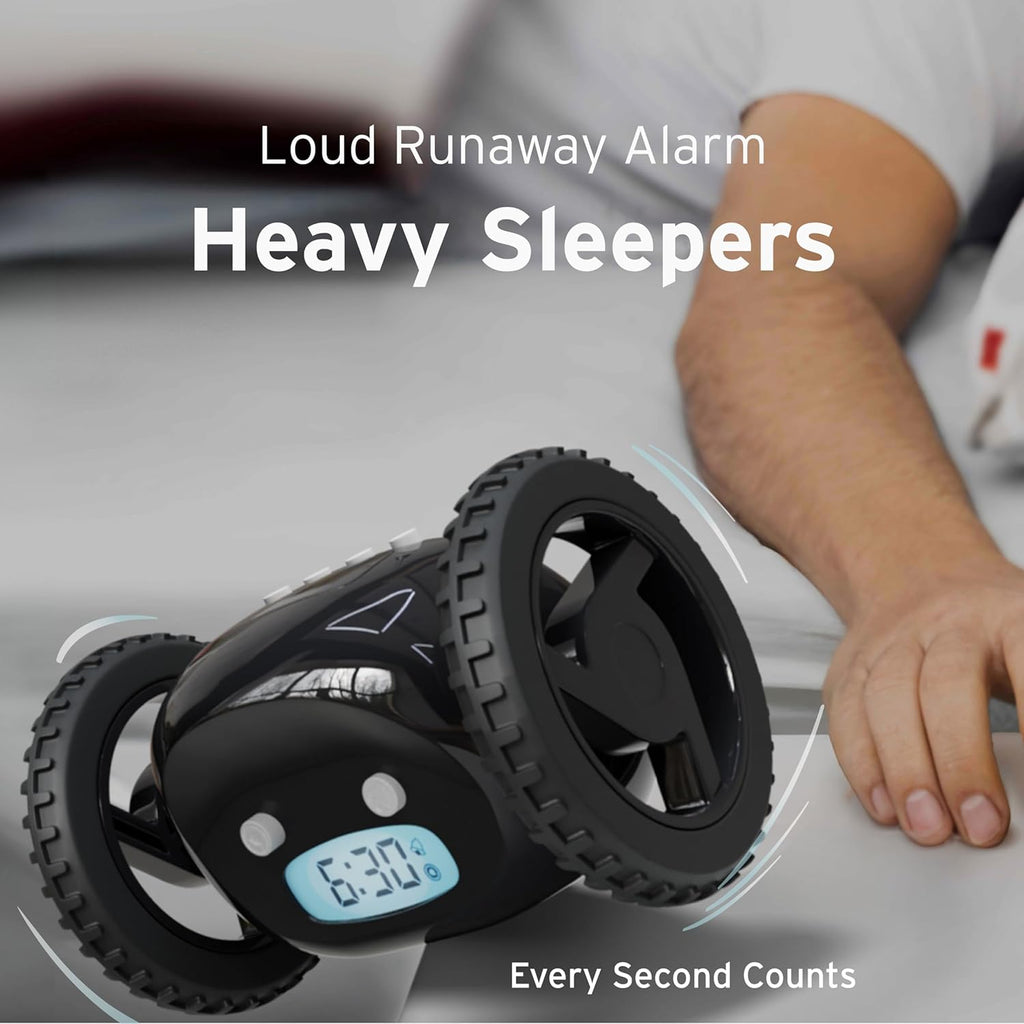 CLOCKY Extra Loud Alarm Clock for Heavy Sleepers on Wheels Rolls Runaway Vibrating Easy To Set Super Smart Snooze Digital Bed Shaker Alarm Clock Funny Gift for Adults Kids Teens Bedroom (Black Wheels)
