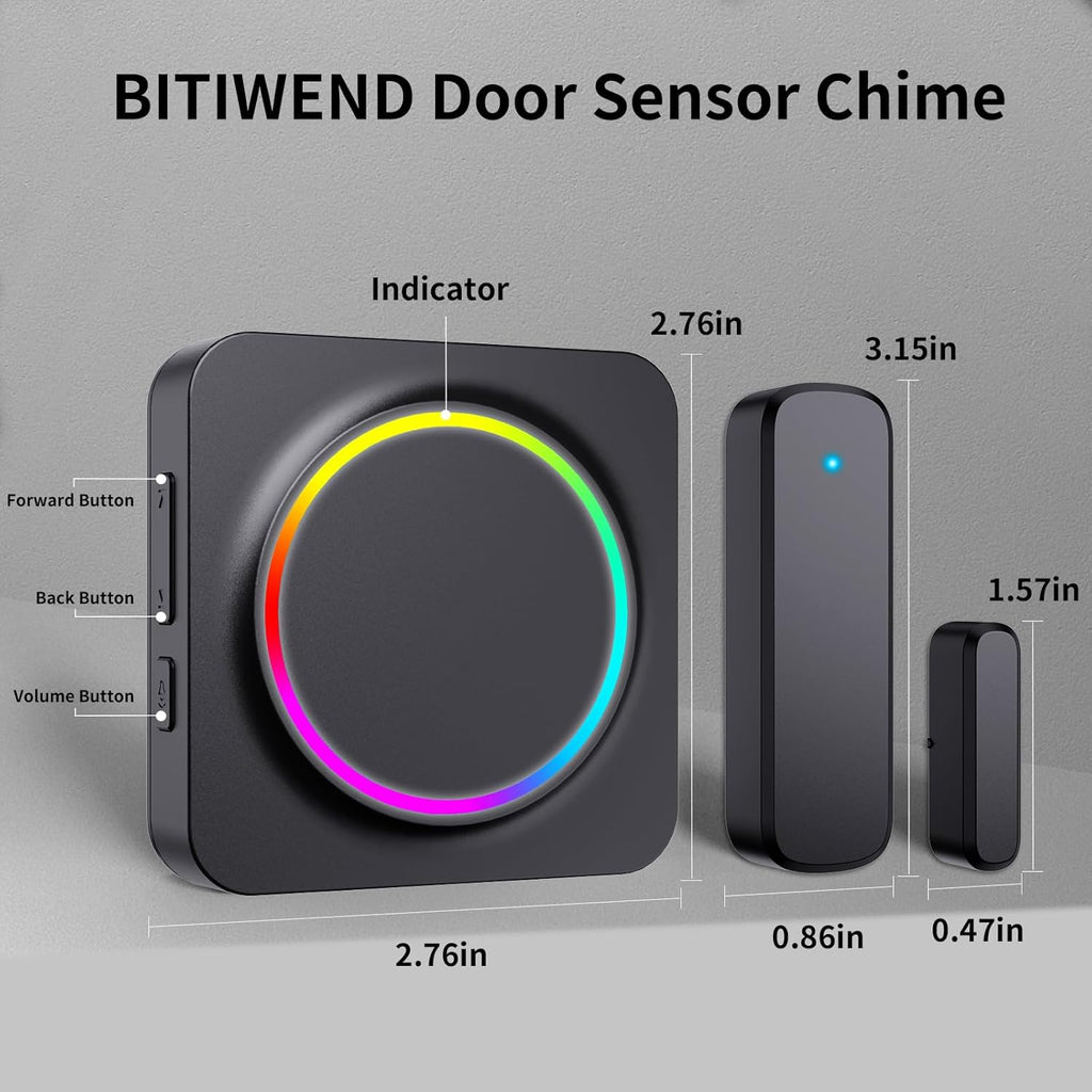 Door Chime, Door Sensor Chime When Door Opens, BITIWEND Door Entry Alarm for Business/Home/Office/Store, 600 FT Range, 32 Chimes 5 Adjustable Volume Door Ringer Alert 2Sensor + 1Receivers Black