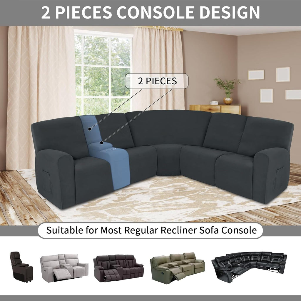 Easy-Going 100% Waterproof Recliner Console Cover, Stretch Middle Console Couch Covers for Reclining Sofas, Sectional L-Shape Furniture Protector for Kids & Pets, 1 Console Cover, Dark Gray