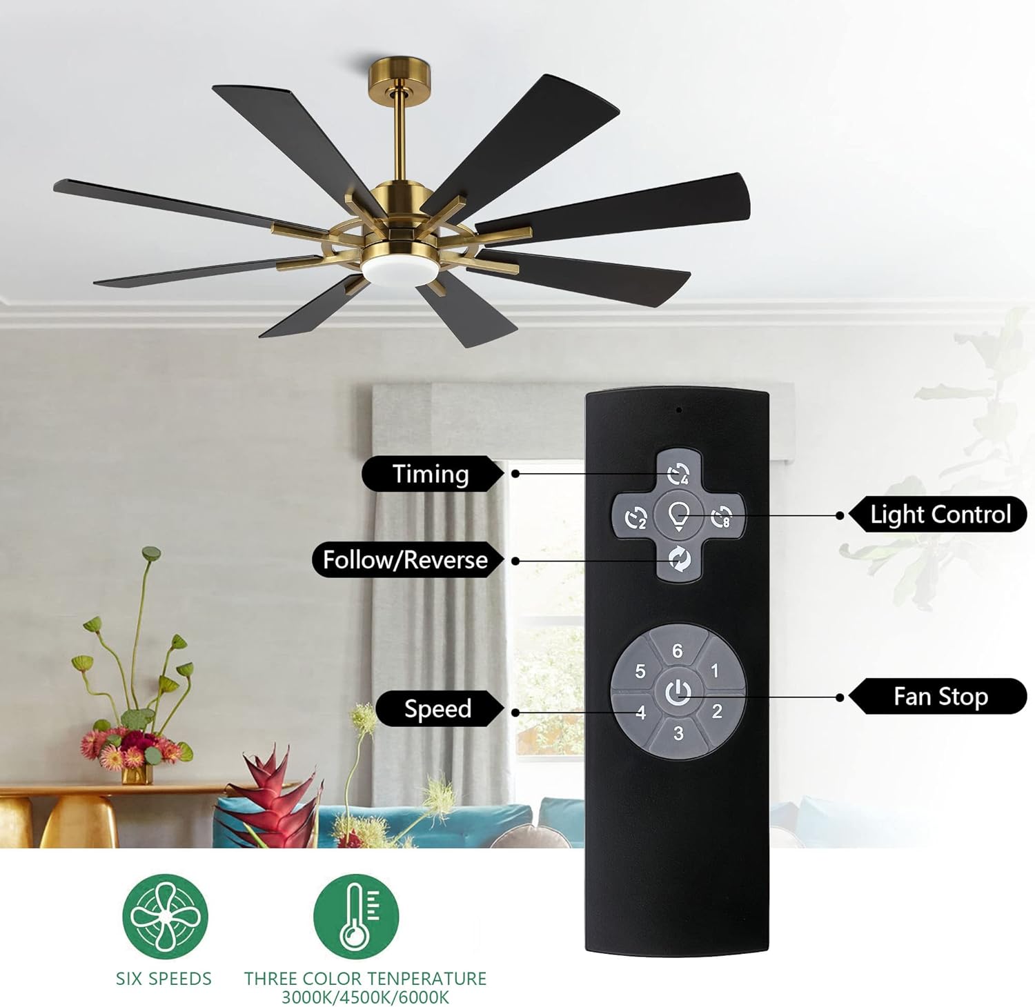 WINGBO 60" DC Ceiling Fan with Lights and Remote Control, Gold and Black Ceiling Fan, 8 Plywood Blades, 6-Speed Reversible DC Motor, Modern Ceiling Fans Indoor for Kitchen Bedroom Living Room