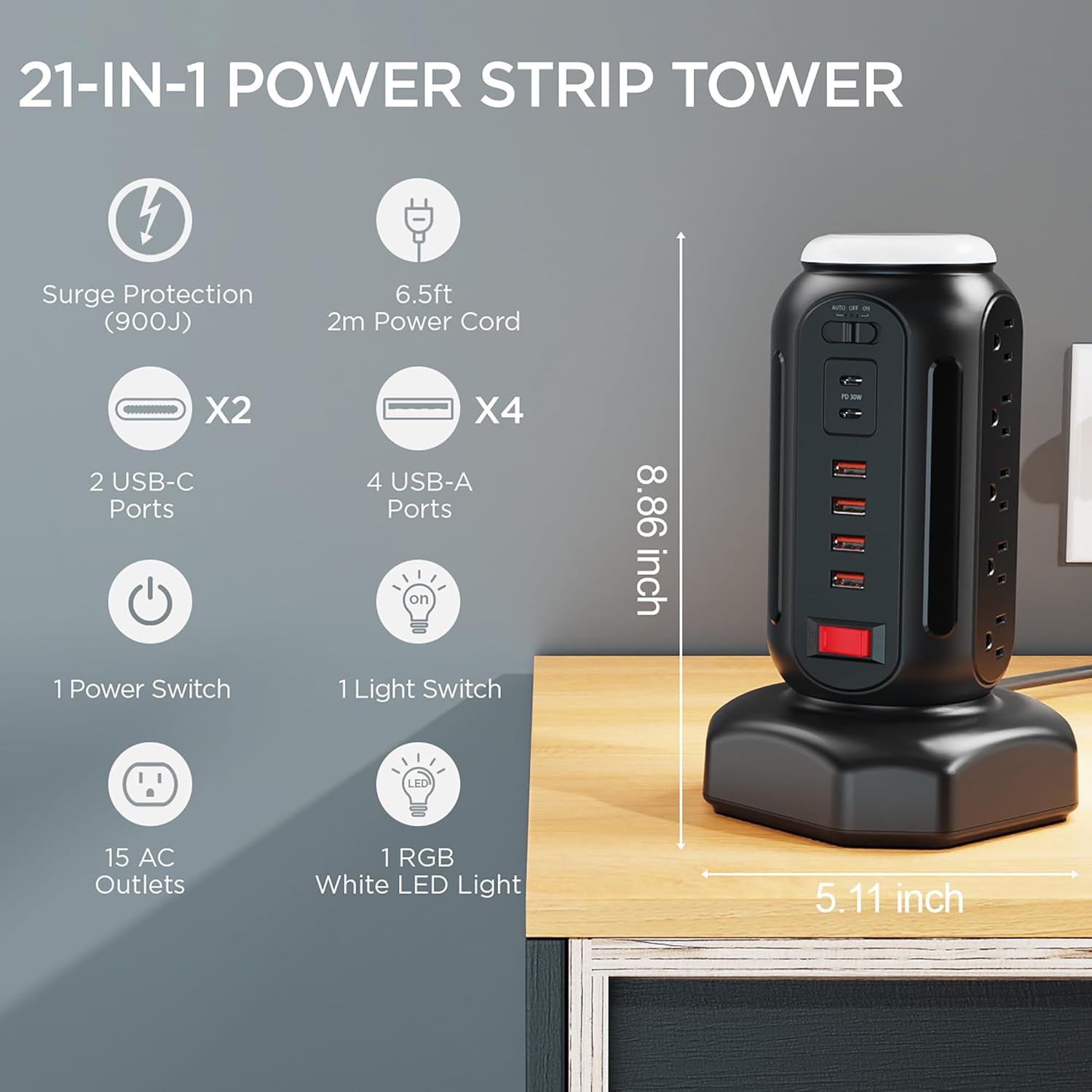 PD 30W Fast Charging Power Strip, with Surge Protector, RGB Night Light, 15 Outlets Power Tower, 2 Type C and 4 USB Ports, Space Saving, Retractable Extension Cord 6.5ft for Home (Black)