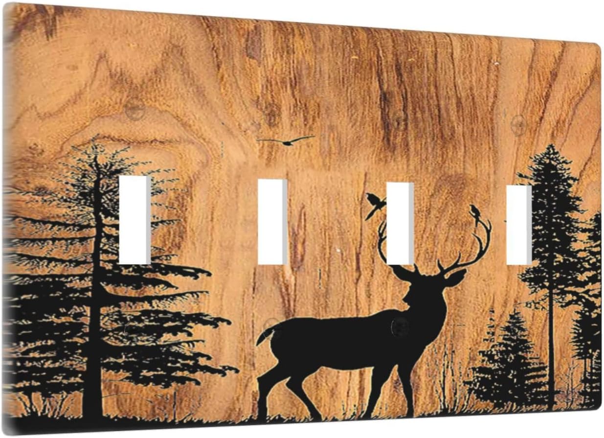 Light Switch Covers Rustic Farmhouse Orange Brown Pine Tree Deer Wood Grain Quad Toggle Electrical Faceplate 4 Gang Wall Plate Decorative Switch Plates for living Room Cabin Decor