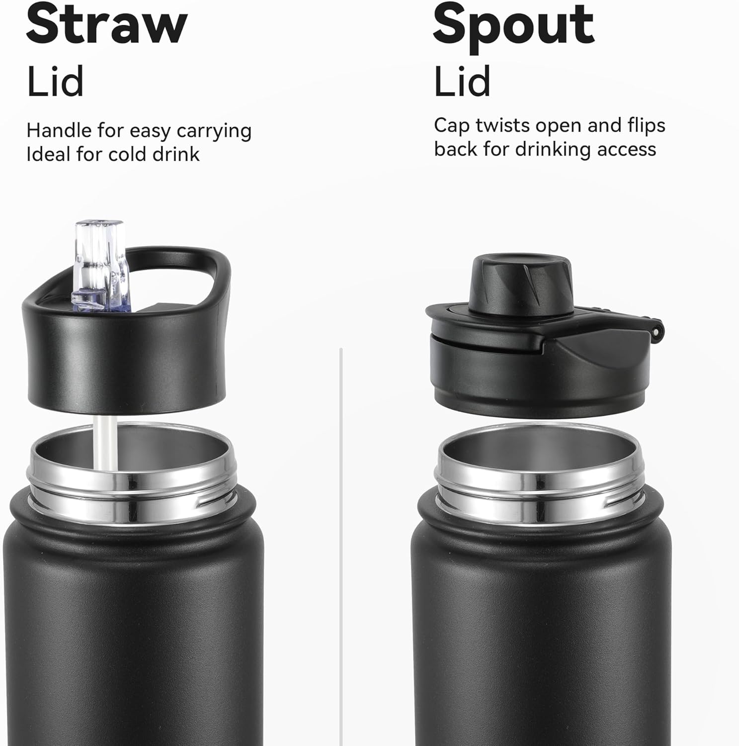 16 oz Insulated Water Bottle with Straw Lids, Stainless Steel Kids Water Bottles for School, Double Wall Vacuum Metal Water Bottle with Straw & Wide Mouth Lid, Black 1 Pack