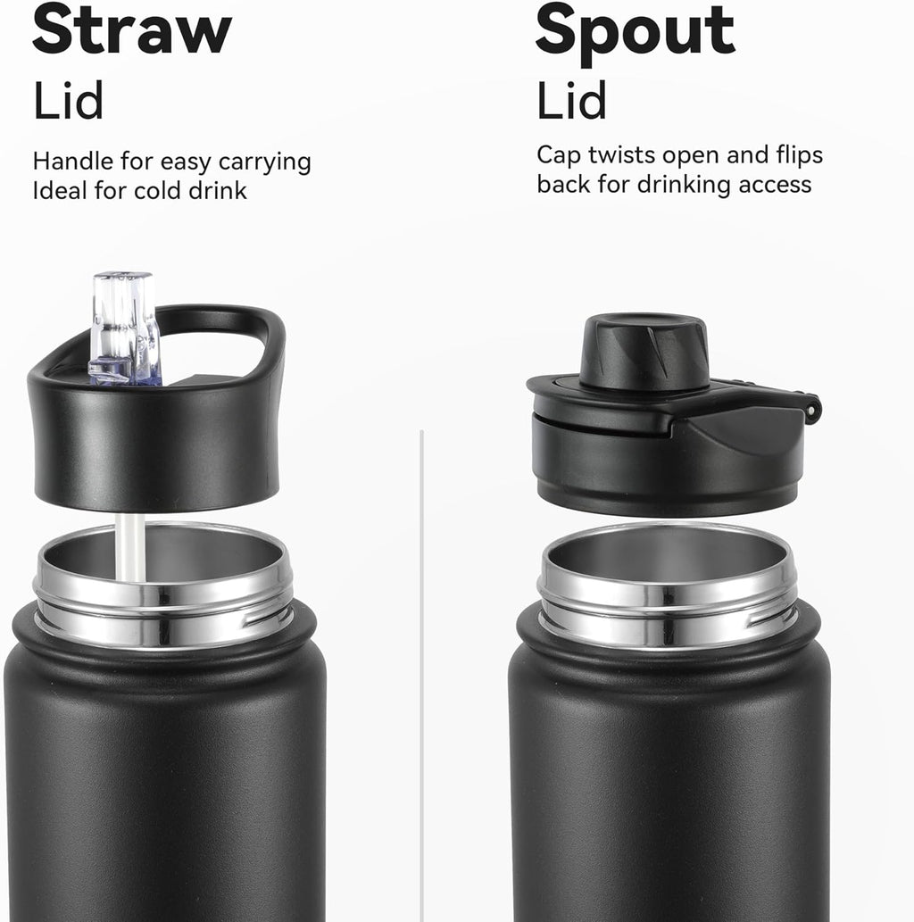 16 oz Insulated Water Bottle with Straw Lids, Stainless Steel Kids Water Bottles for School, Double Wall Vacuum Metal Water Bottle with Straw & Wide Mouth Lid, Black 8 Pack