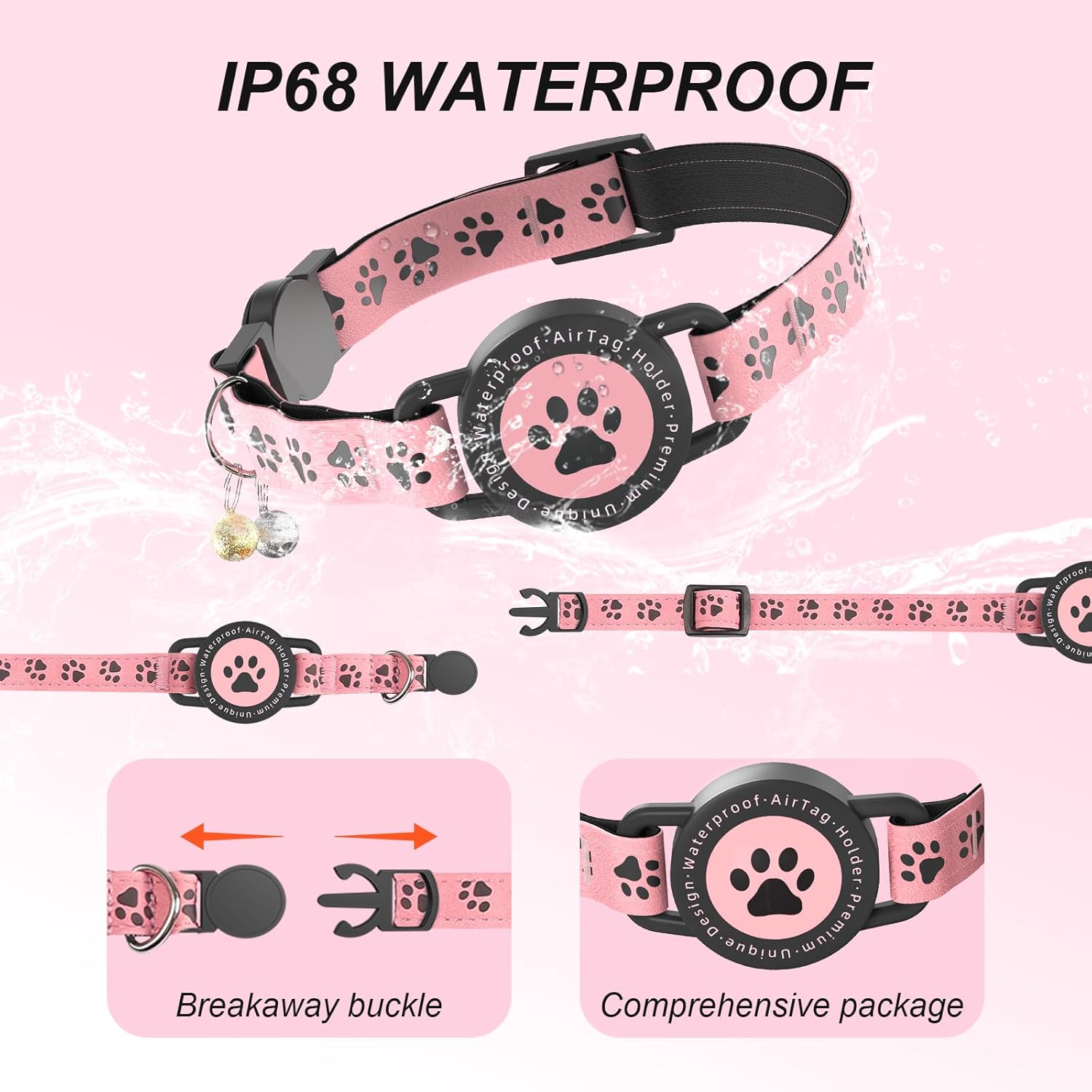 GPS Tracker for Cats, Waterproof GPS Cat Trackers Cats Collar with Bells, No Subscription, GPS Cat Collar, Adapt with Apple Find My (iOS Only) Finder Tag for items Pets Christmas Gift (PINK)