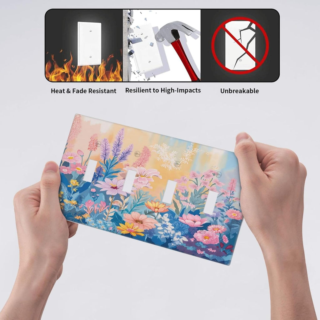 Light Switch Cover Plate Colorful Watercolor Flowers Wildflower Plants 4 Gang Quad Toggle Wall Plate Electrical Outlet Cover Decorative Switch Plate Covers for Bathroom Home Decor