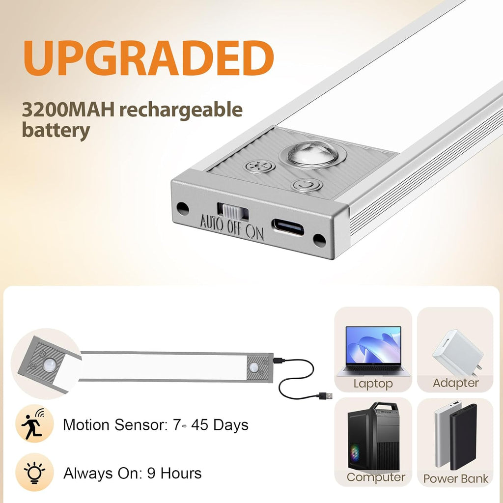 Under Cabinet Lighting, 3 Color Under Cabinet Lights Motion Sensor, 3200mAh Rechargeable 118LED Magnetic Light Bar Indoor, Wireless Battery Operated Closet Lights for Kitchen Home Stairs, 2Pack