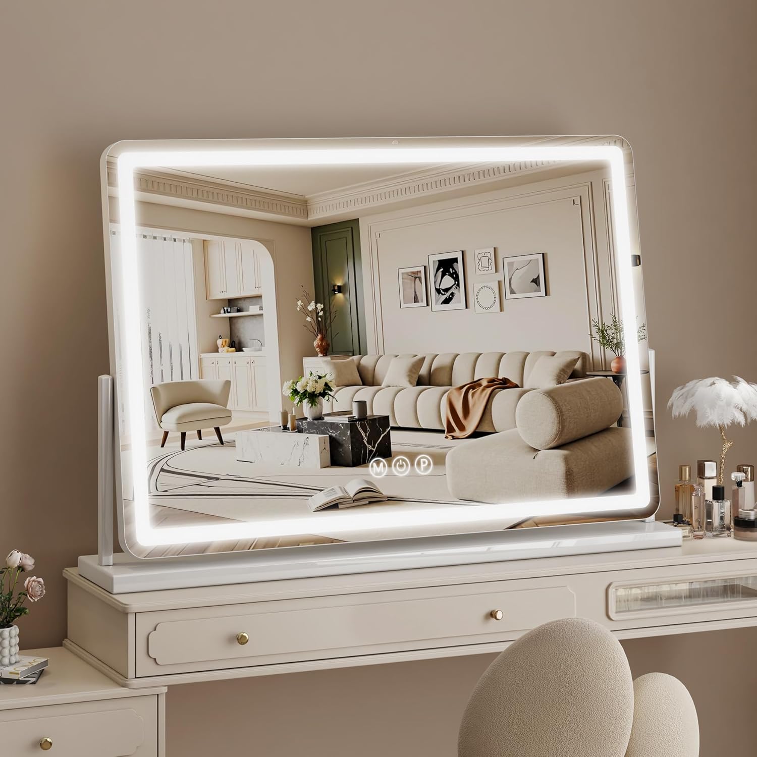 Vanity Mirror with Lights, 32"x22" Hollywood Lighted Makeup Mirror for Tabletop & Bedroom 3 Color Lighting Modes Smart Touch Control 360° Rotation Detachable