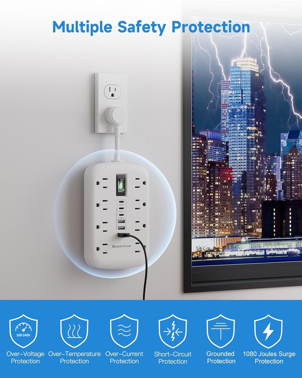 Short Extension Cord 2 inch - Small Power Strip Flat Outlet Extender Surge Protector with 8 AC Outlets 6 USB (5V/4.8A 24W), Mini Extension Cord Flat Wall Plug for Home Office Dorm Kitchen Bathroom