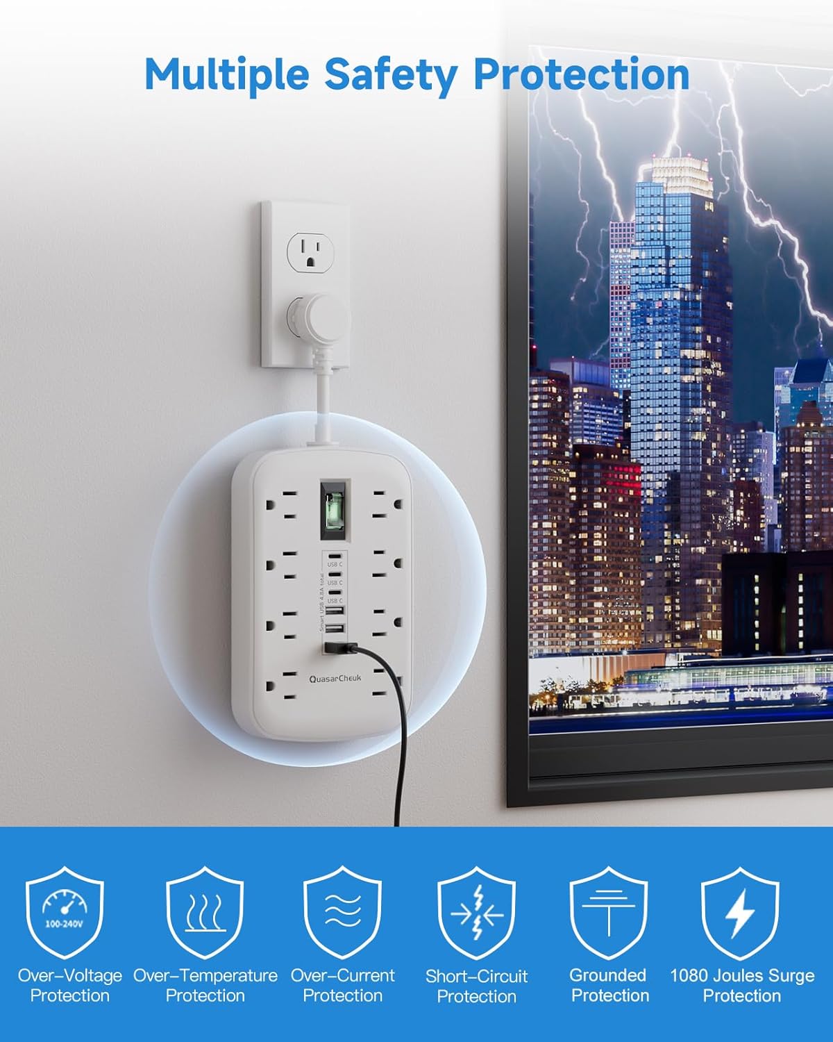 Short Extension Cord 2 inch - Small Power Strip Flat Outlet Extender Surge Protector with 8 AC Outlets 6 USB (5V/4.8A 24W), Mini Extension Cord Flat Wall Plug for Home Office Dorm Kitchen Bathroom