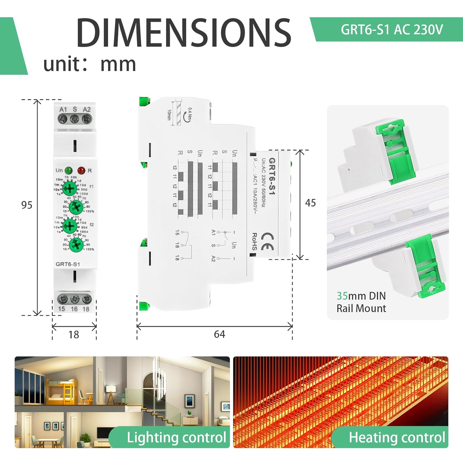 Asymmetric Cycle Timer Relay 1SPDT AC 230V 10A Long or Short Period Repeat Cycle Tntermittent Timer Electronic Relay in Din Rail (GRT6-S1 AC 230V)