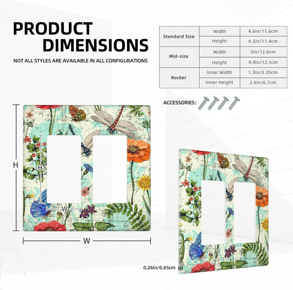 Dragonflies Flowers Butterfly 2 Gang Double Rocker Outlet Light Switch Cover Decorative Wall Plate Cover For Home Living Bedroom Kitchen Decorative