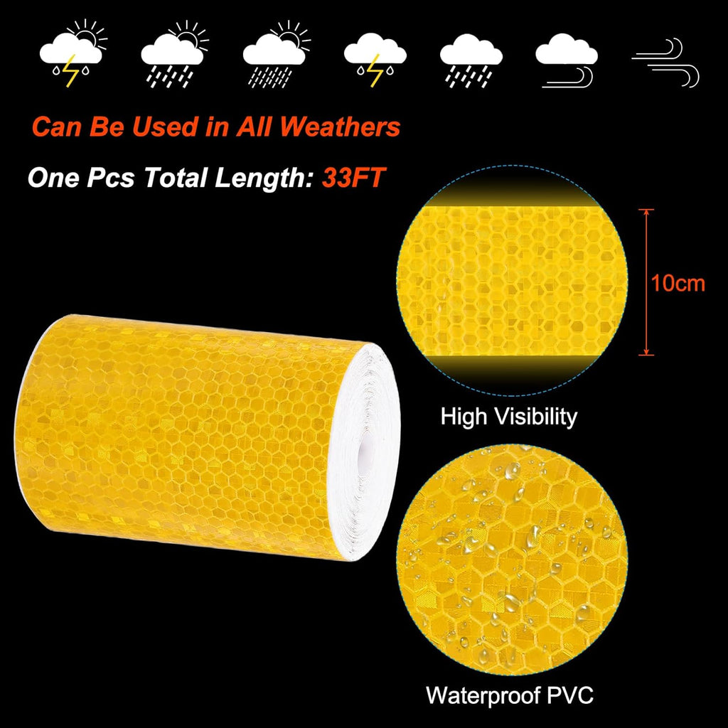 PATIKIL 4 Inch x 33 ft Reflective Tape, 1 Roll Waterproof Self Adhesive High Visibility Caution Warning Safety Tape Reflector with Scraper for Trucks Trailers Cars, Yellow