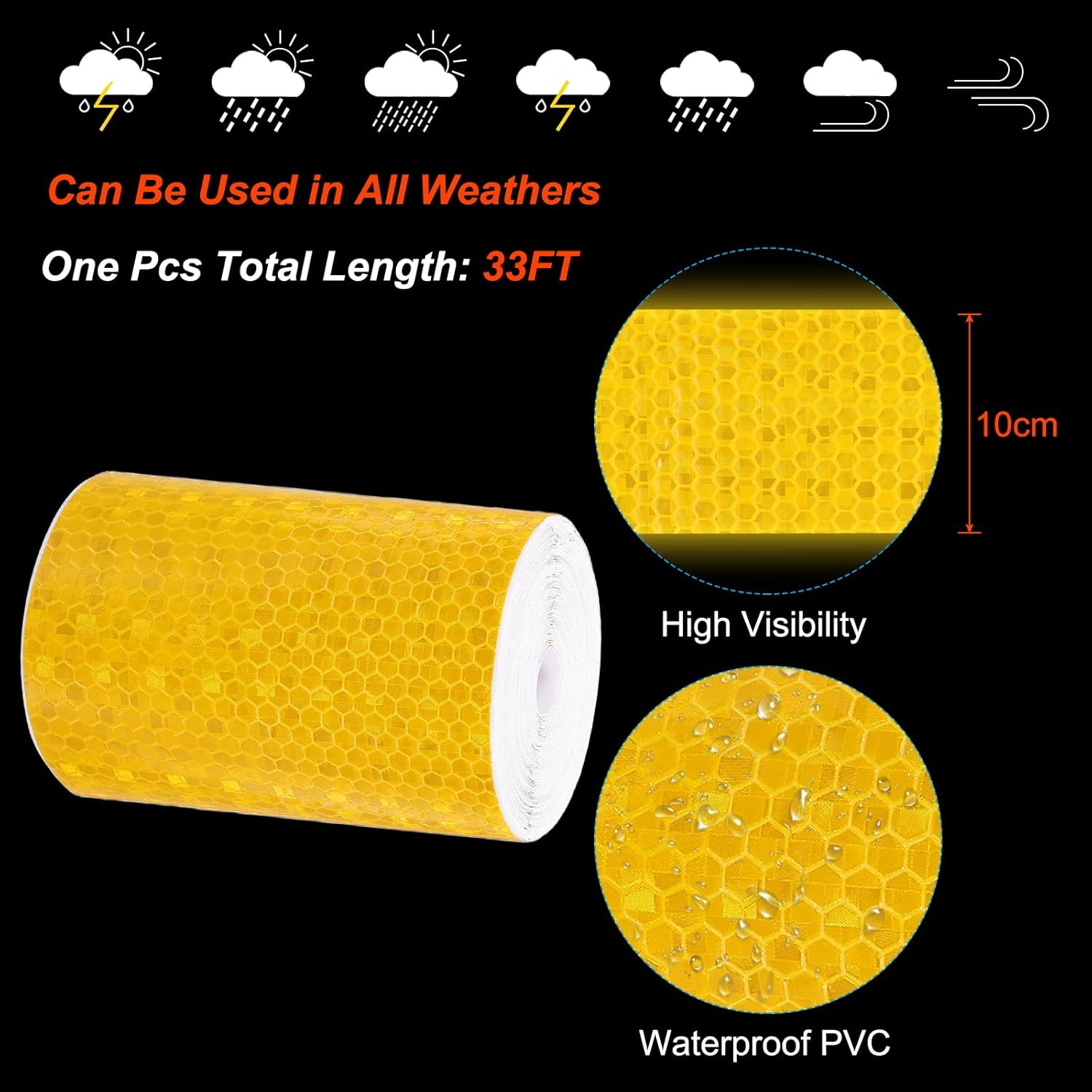 PATIKIL 4 Inch x 33 ft Reflective Tape, 1 Roll Waterproof Self Adhesive High Visibility Caution Warning Safety Tape Reflector with Scraper for Trucks Trailers Cars, Yellow
