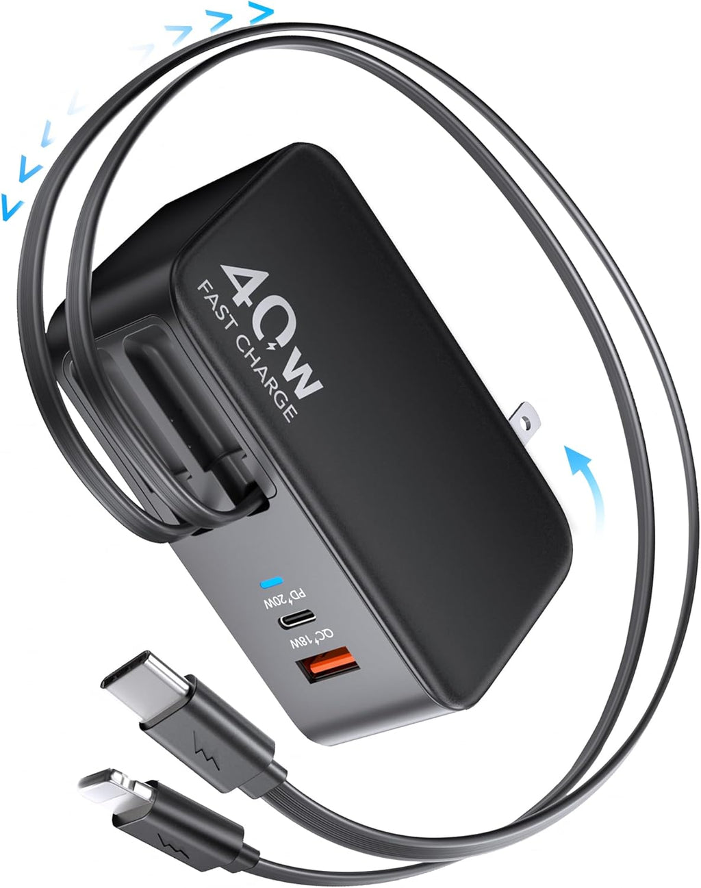 4-in-1 Retractable Gan Wall Charger Plug for iPhone 17 USB C,Travel Essentials Brick Multiport,3ft Lightening+ Type C Cables,40W Fast Charging Foldable Block for iPhone 17 Pro/16/15/14/13,iPad,Galaxy