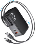 4-in-1 Retractable Gan Wall Charger Plug for iPhone 17 USB C,Travel Essentials Brick Multiport,3ft Lightening+ Type C Cables,40W Fast Charging Foldable Block for iPhone 17 Pro/16/15/14/13,iPad,Galaxy