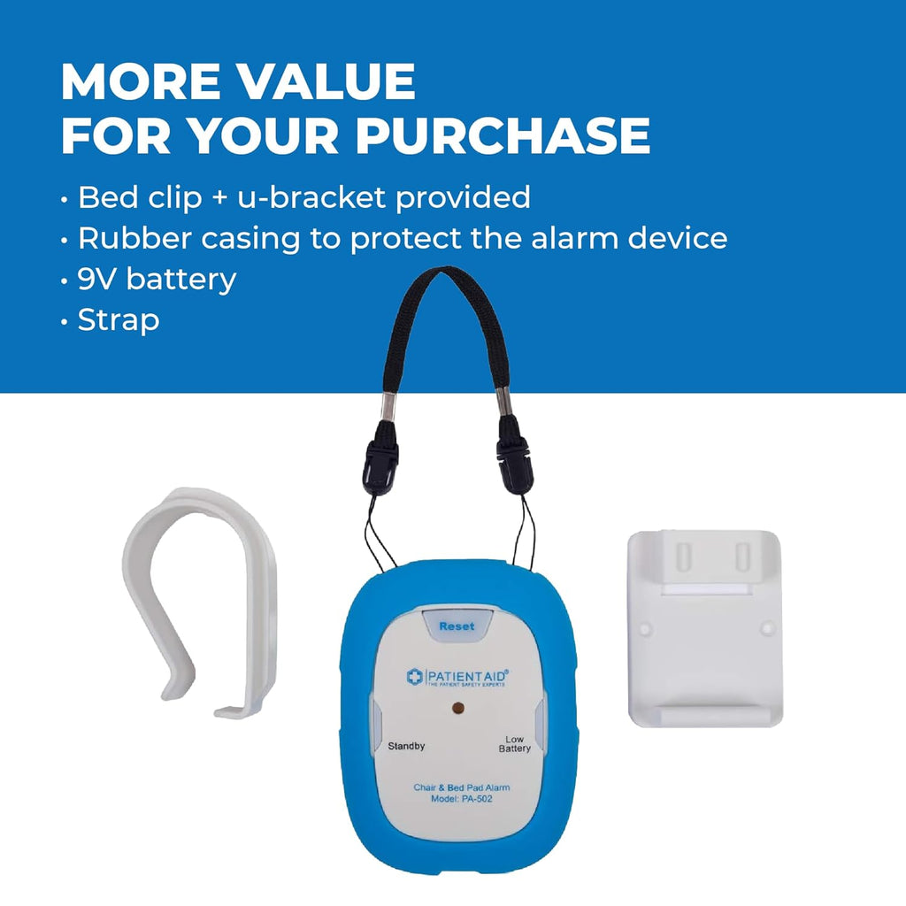 Patient Aid Bed Alarm with 10" x 30" Motion Sensor Pad and Wired Device with Rubber Casing, Ring Sound and Mounting Options, AC Adapter and Battery Powered Wandering and Fall Prevention for Elderly