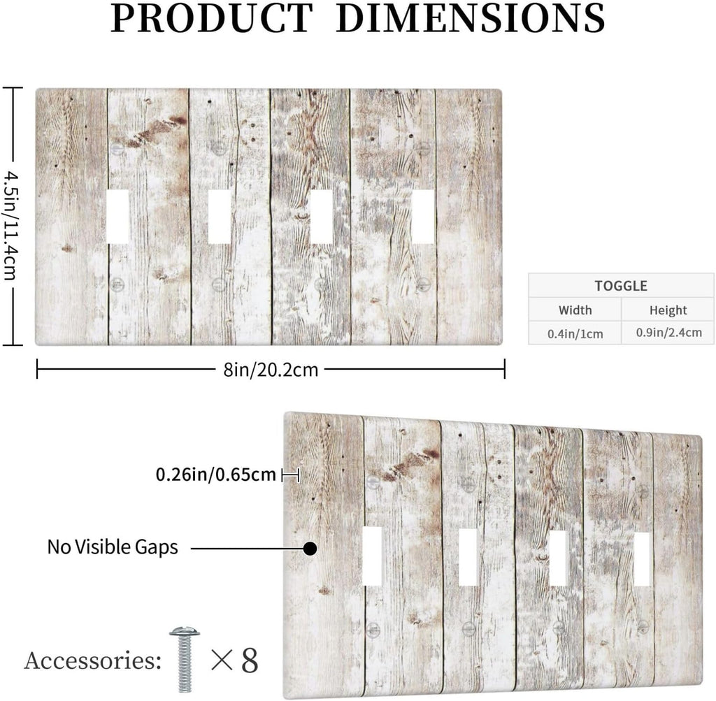 Vintage Light Wood Retro Rustic White Gray Oak Print Light Switch Covers Quad Toggle Electrical Faceplate 4 Gang Wall Plate Decorative Switch Plates Cover for Farmhouse Home Decor