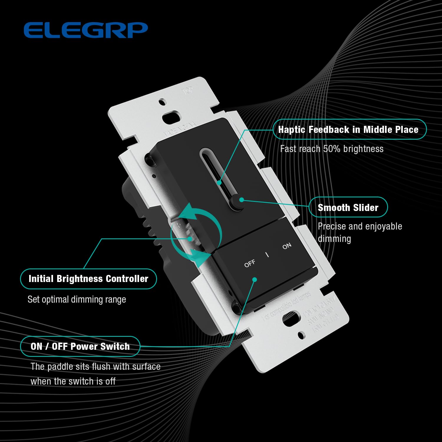 ELEGRP Slide Dimmer Switch for Dimmable LED, CFL and Incandescent Light Lamp Bulbs, Single Pole or 3-Way, Full Control with Preset, Rocker Paddle, Wall Plate Included, UL Listed (6 Pack, Matte Black)