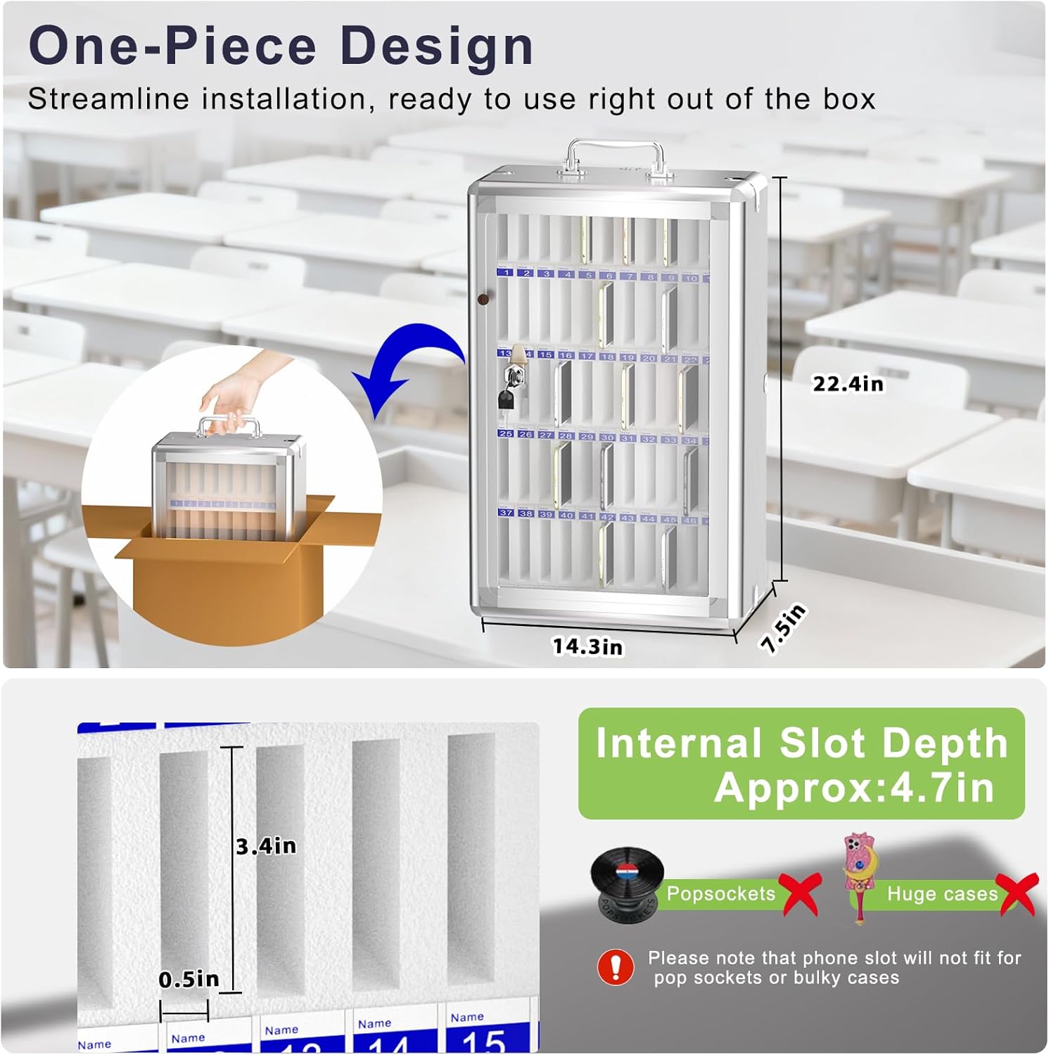 Loghot Aluminum Alloy Pocket Chart Cell Phones Storage Cabinet for Cell Phones, Wall-Mounted Cell Phone Locker Phone Holder with Lock for Classroom, Office, Can be Carried by Hand (60 Slots)